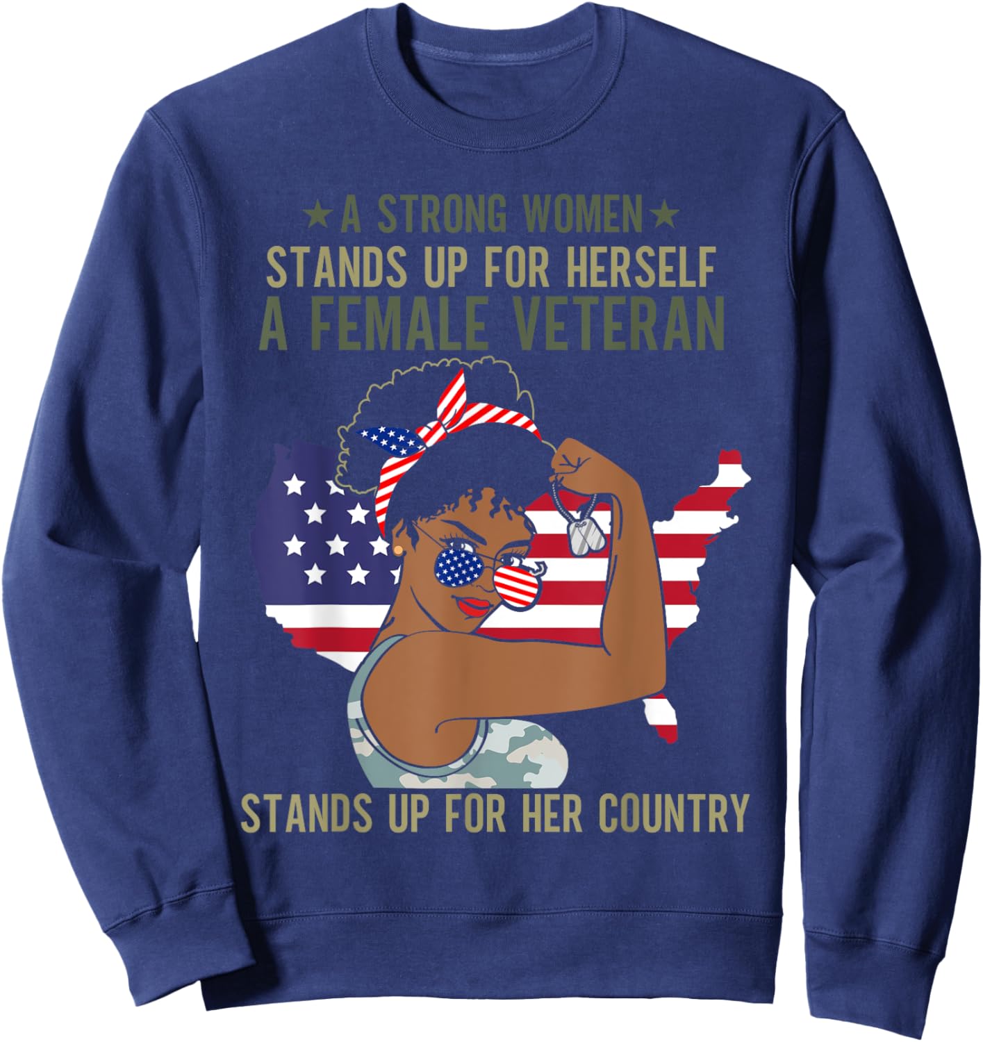 African American Army Veteran Female Afro Melanin Girl Sweatshirt - Sweatshirt | Navy