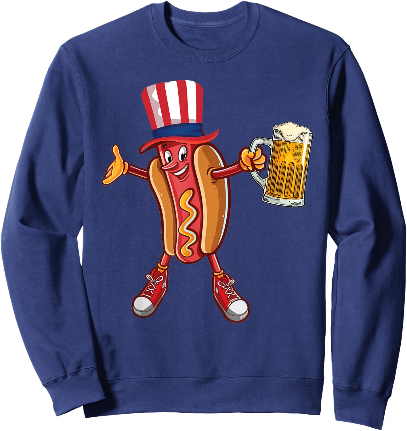 Funny Hot dog US Flag Hat Drinking Beer for 4th of July gift Sweatshirt - Sweatshirt | Navy
