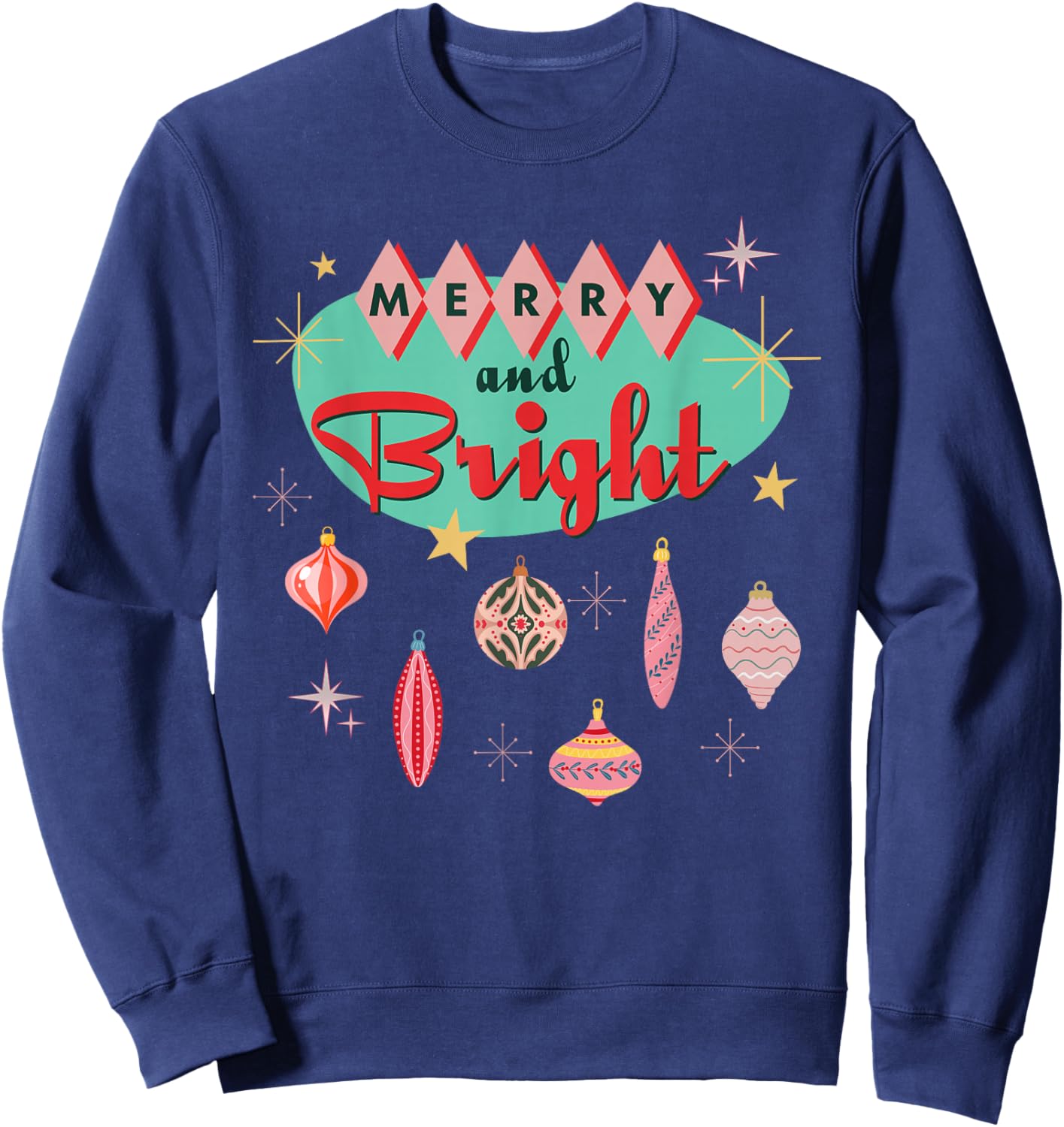 Retro Merry and Bright Mid-Century Modern Christmas Ornament Sweatshirt - Sweatshirt | Navy