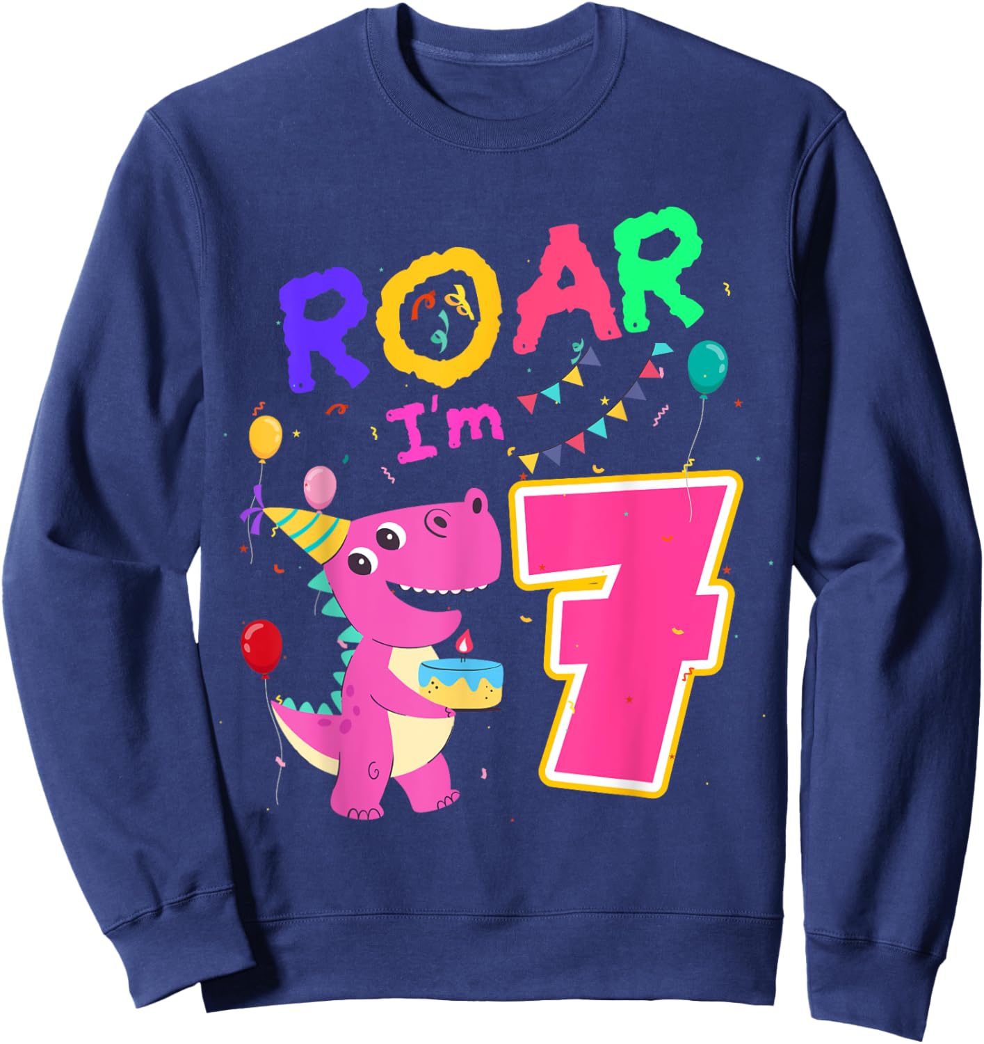 Dino Lover 7th Birthday Dinosaur Girl Party 7 Year Old B-Day Sweatshirt - Sweatshirt | Navy