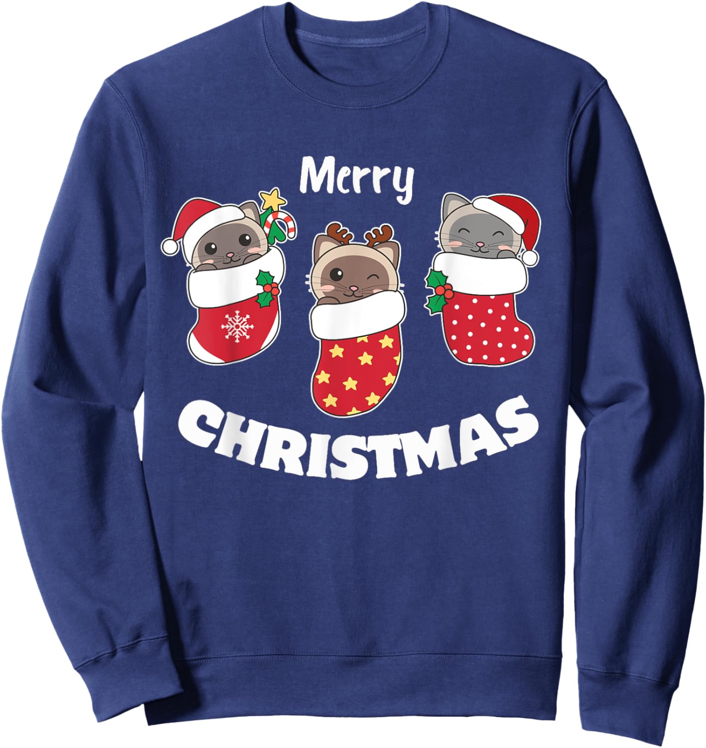 Cute Siamese Cats In Christmas Stockings For Christmas Sweatshirt - Sweatshirt | Navy
