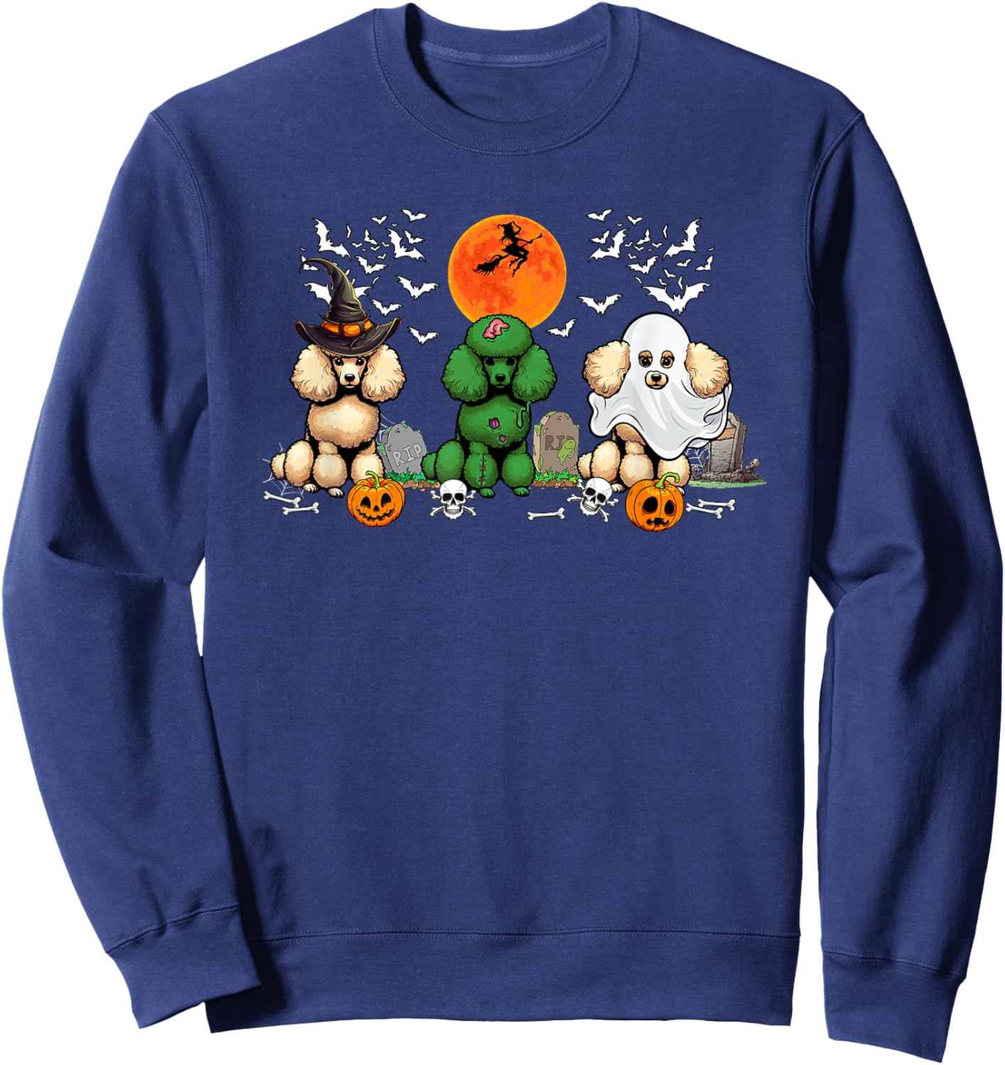 Three Halloween Poodles Cosplay Witch Zombie Boo Lover Sweatshirt - Sweatshirt | Navy