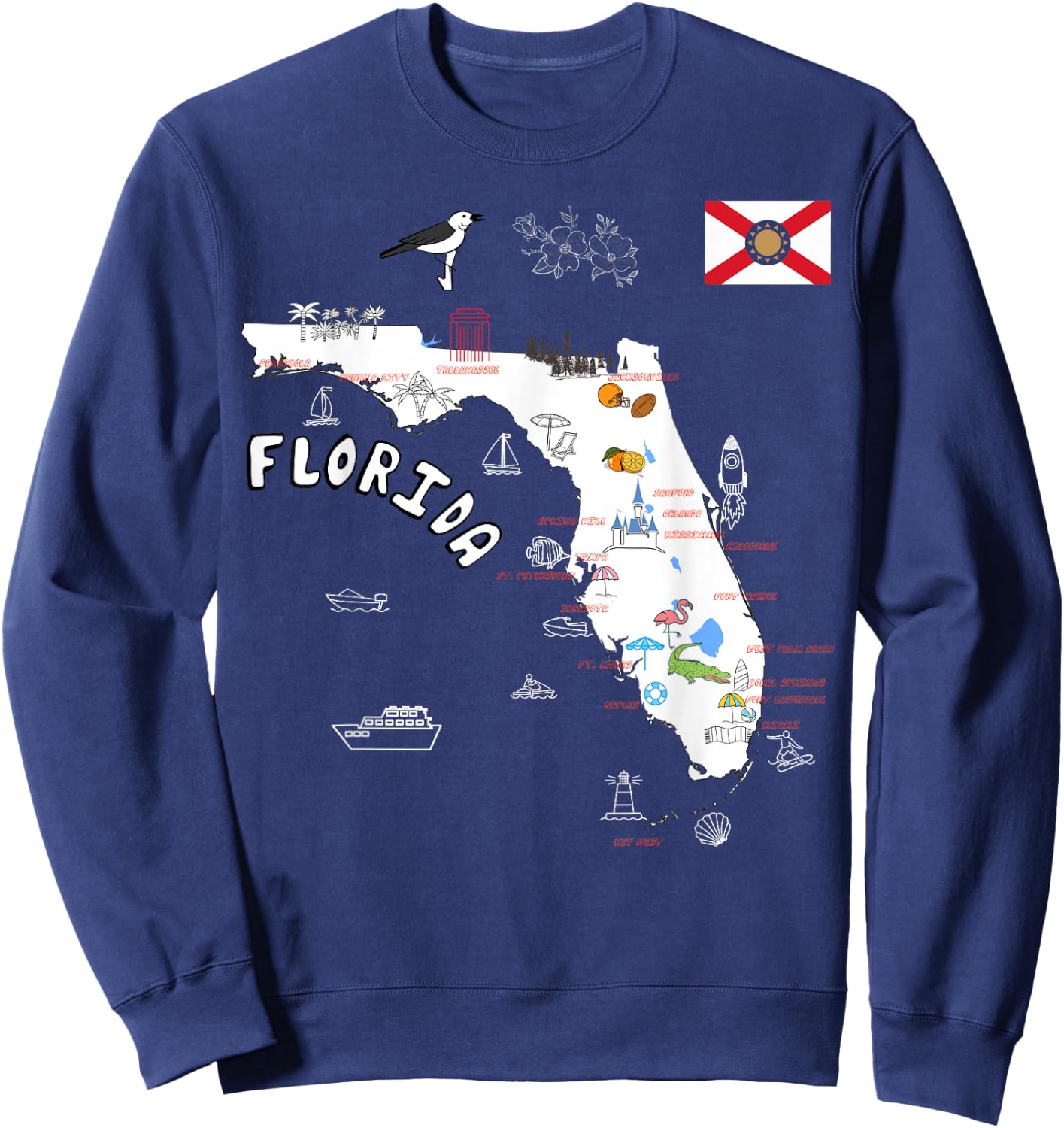 Florida State Map tourist attractions cities flag Sweatshirt - Sweatshirt | Navy