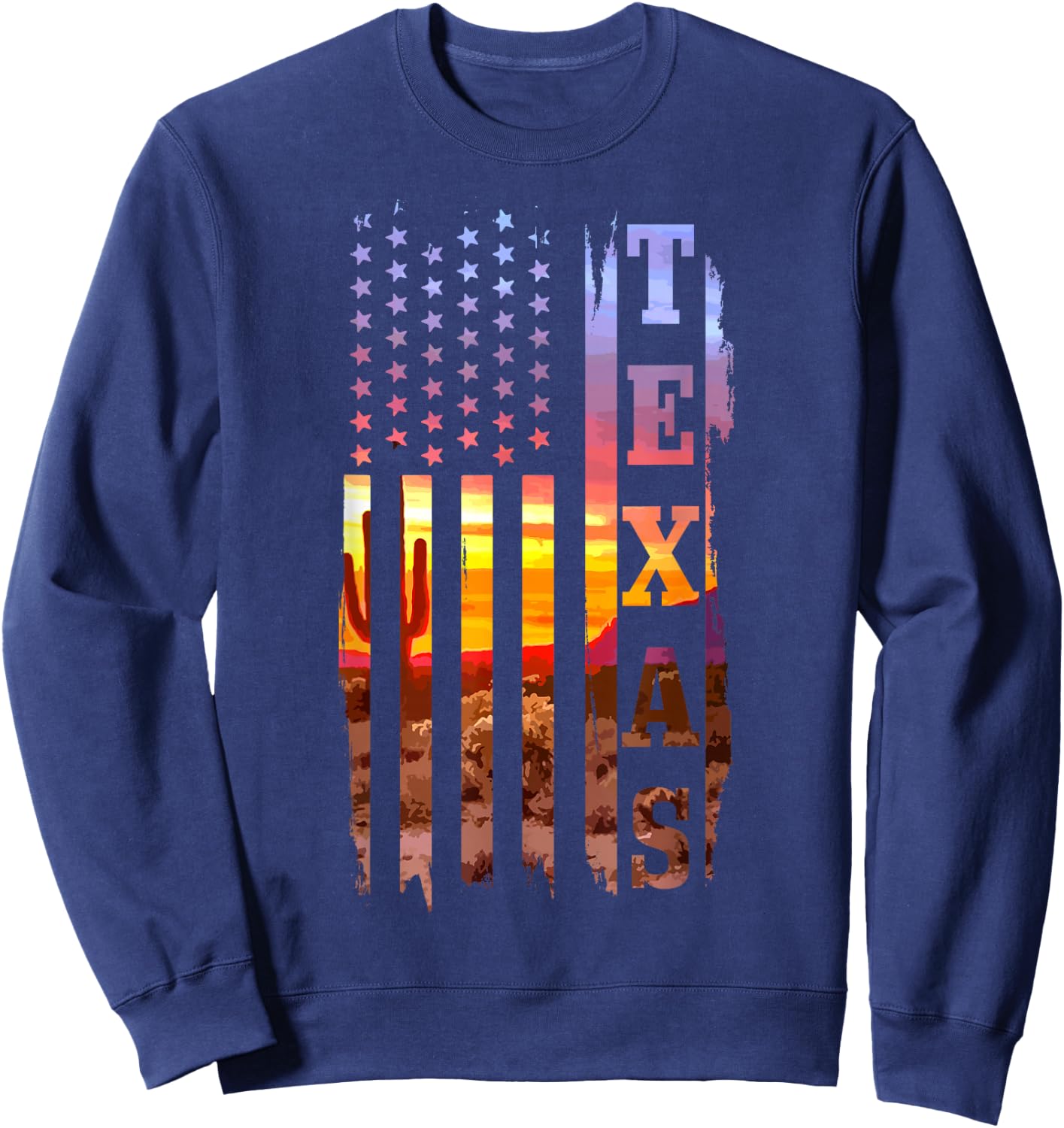 Texas American Flag Pride Landscape Cactus Sweatshirt - Sweatshirt | Navy