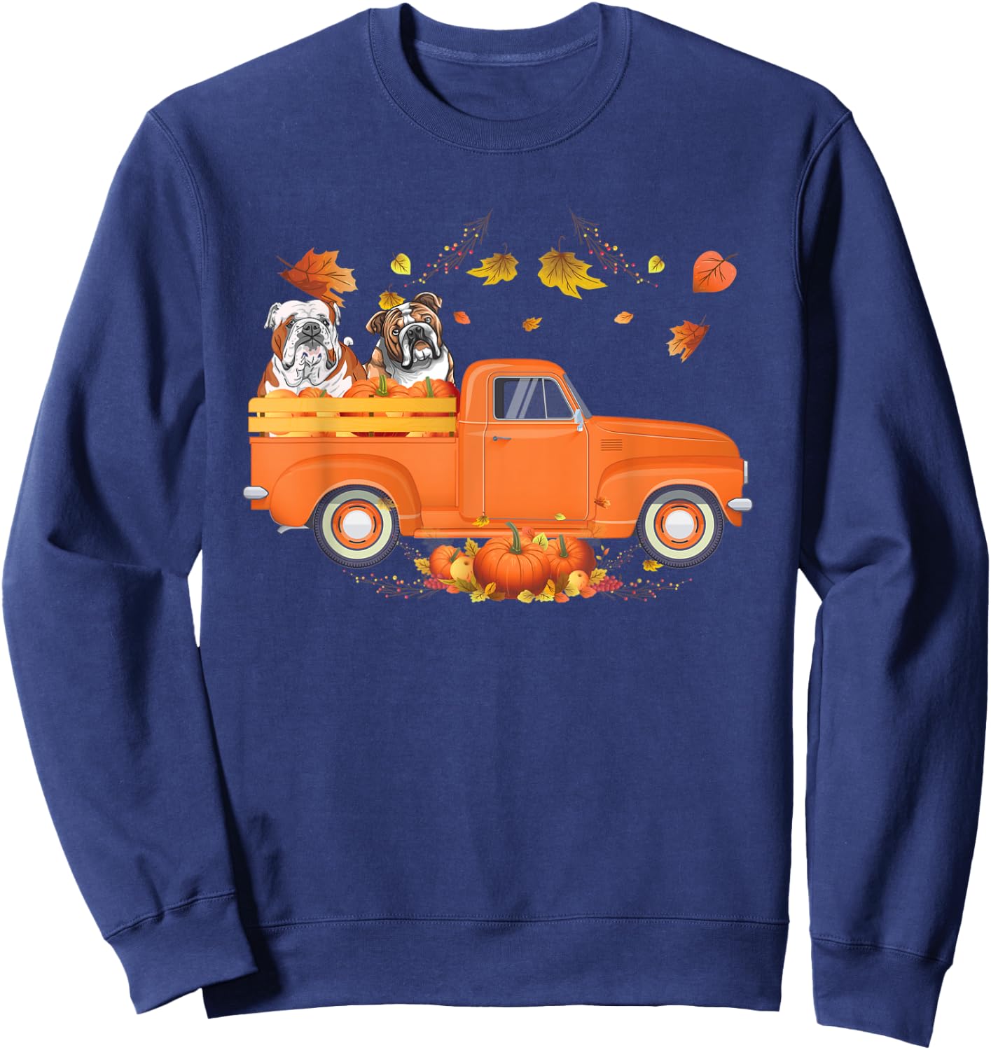 Bulldog Pumpkin Truck Fall Leaf Thanksgiving Halloween Men Women Kids Sweatshirt - Sweatshirt | Navy