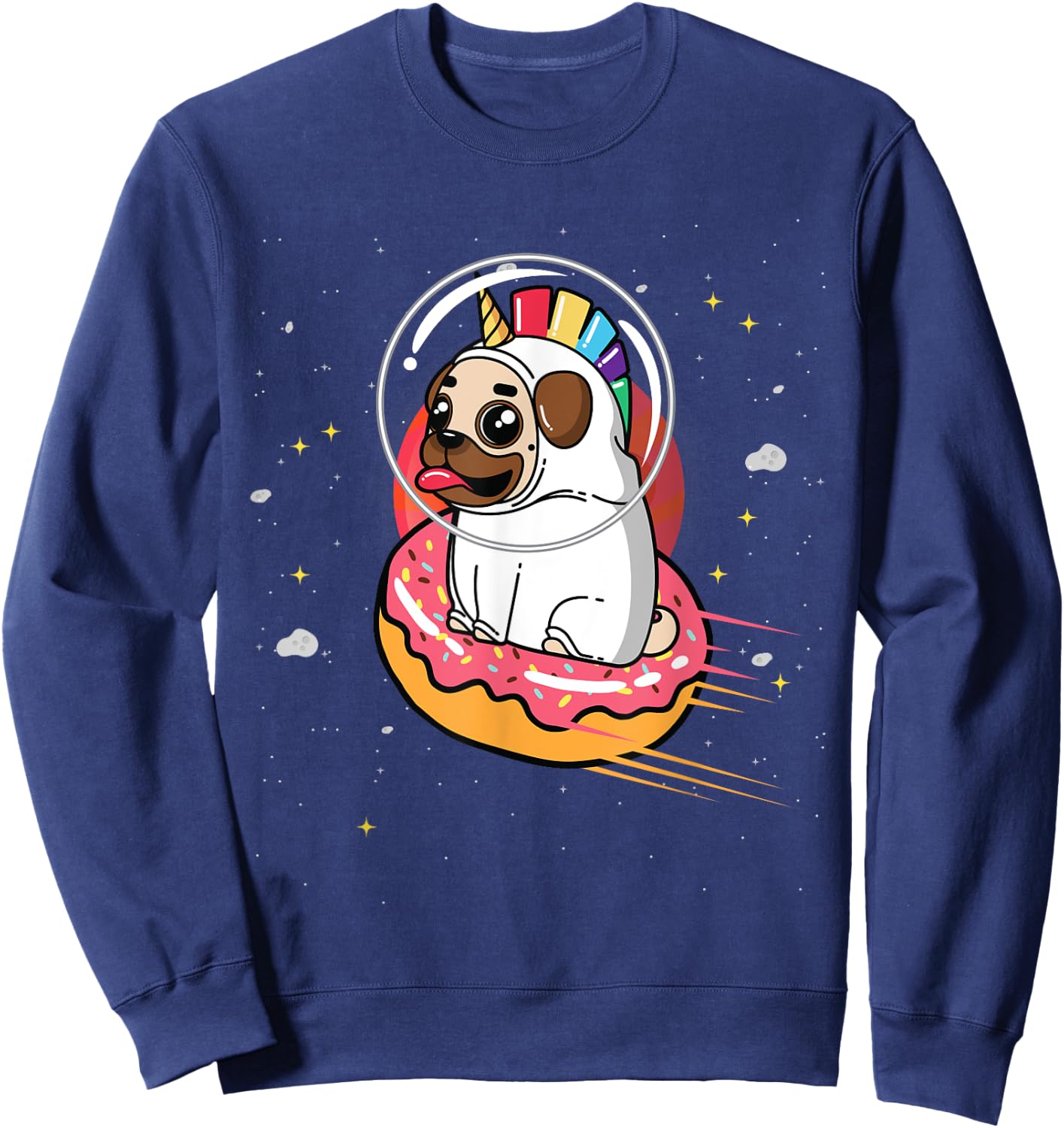 Pug in Rainbow Unicorn Costume riding Donut in Space Sweatshirt - Sweatshirt | Navy