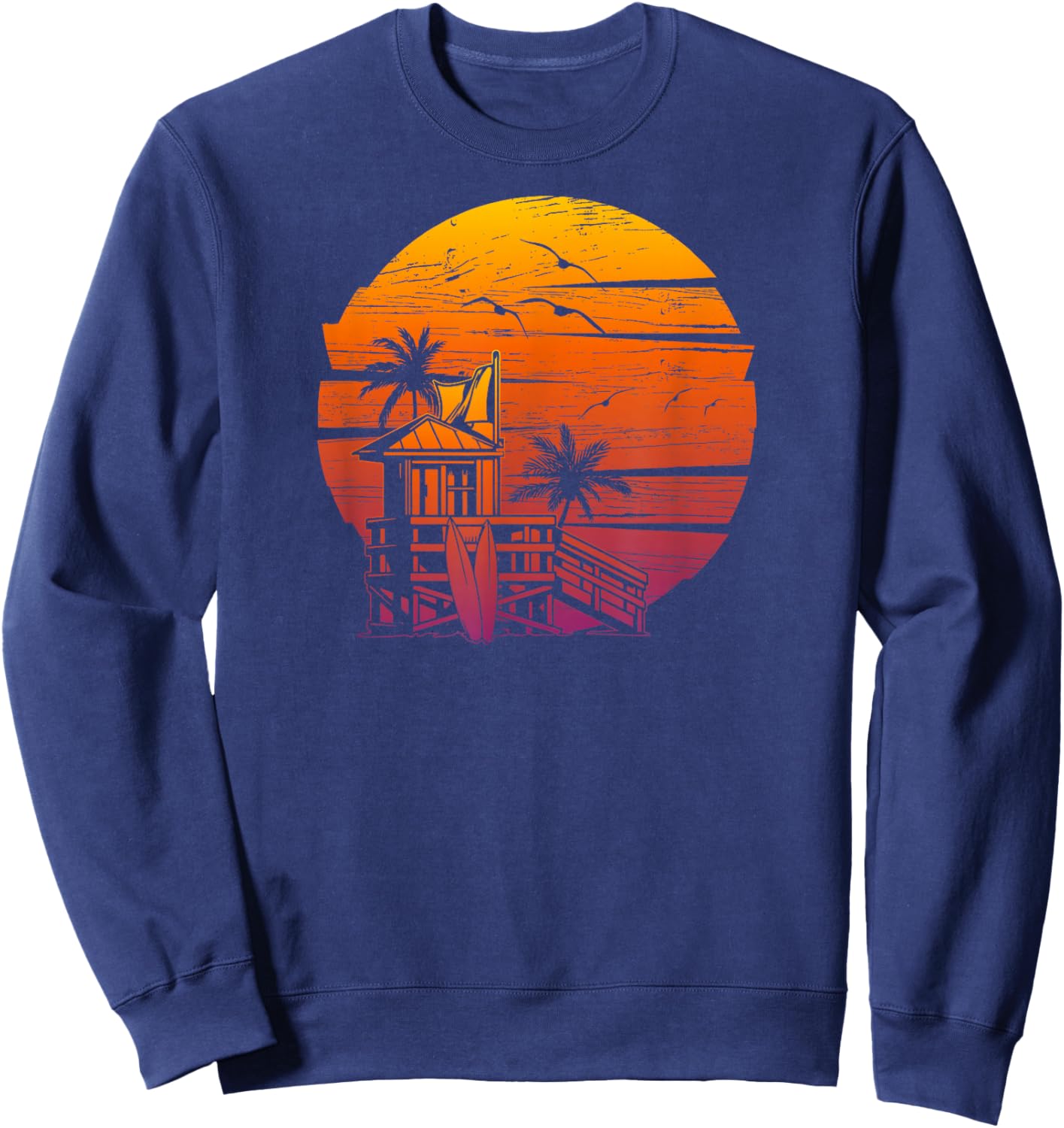 Vintage Beach Lifeguard Tower Distressed Sunset Sweatshirt - Sweatshirt | Navy