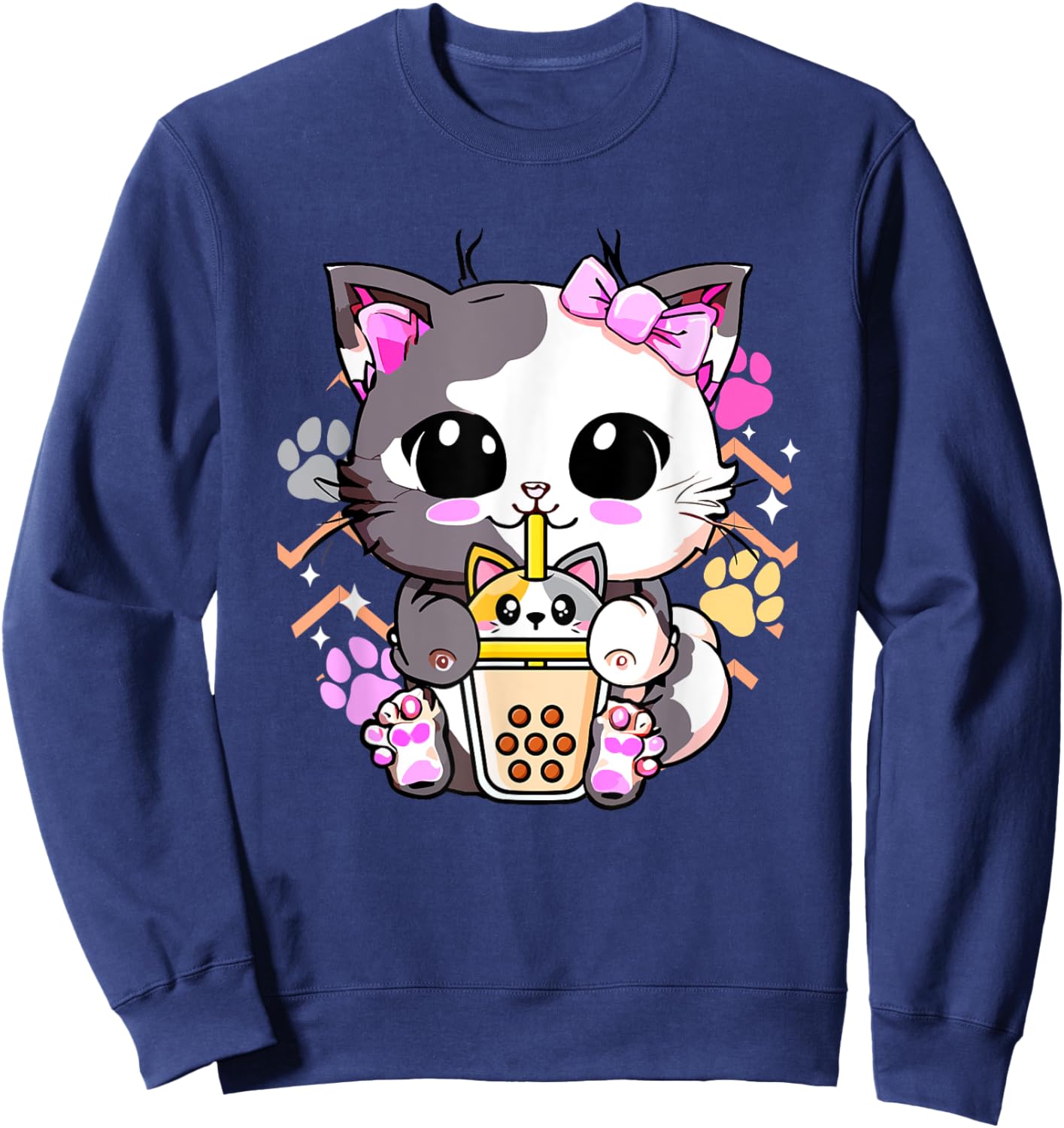 Cute Kawaii Cat Boba Bubble Milk Tea Anime Neko Kitten Sweatshirt - Sweatshirt | Navy