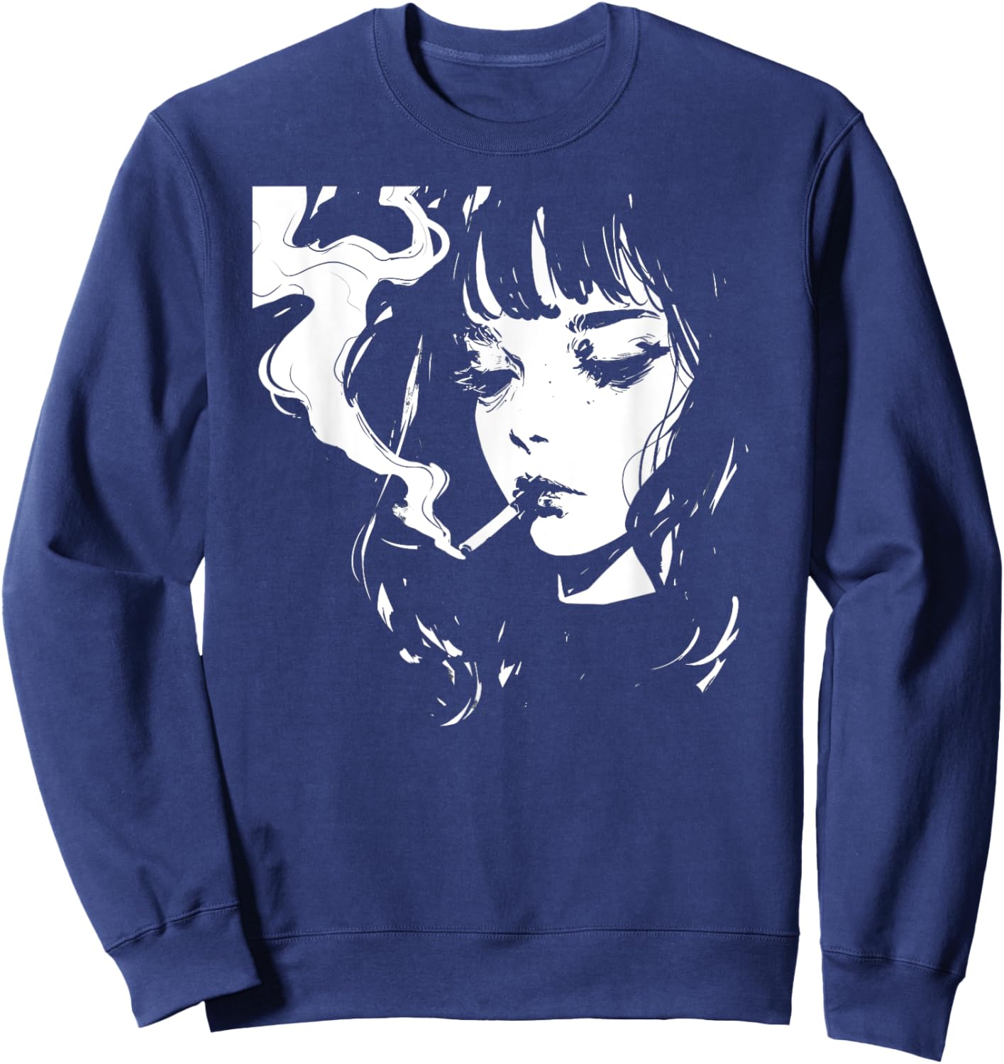 Soft Grunge Kawaii Anime Girl Smoking Waifu Otaku Japanese Sweatshirt - Sweatshirt | Navy