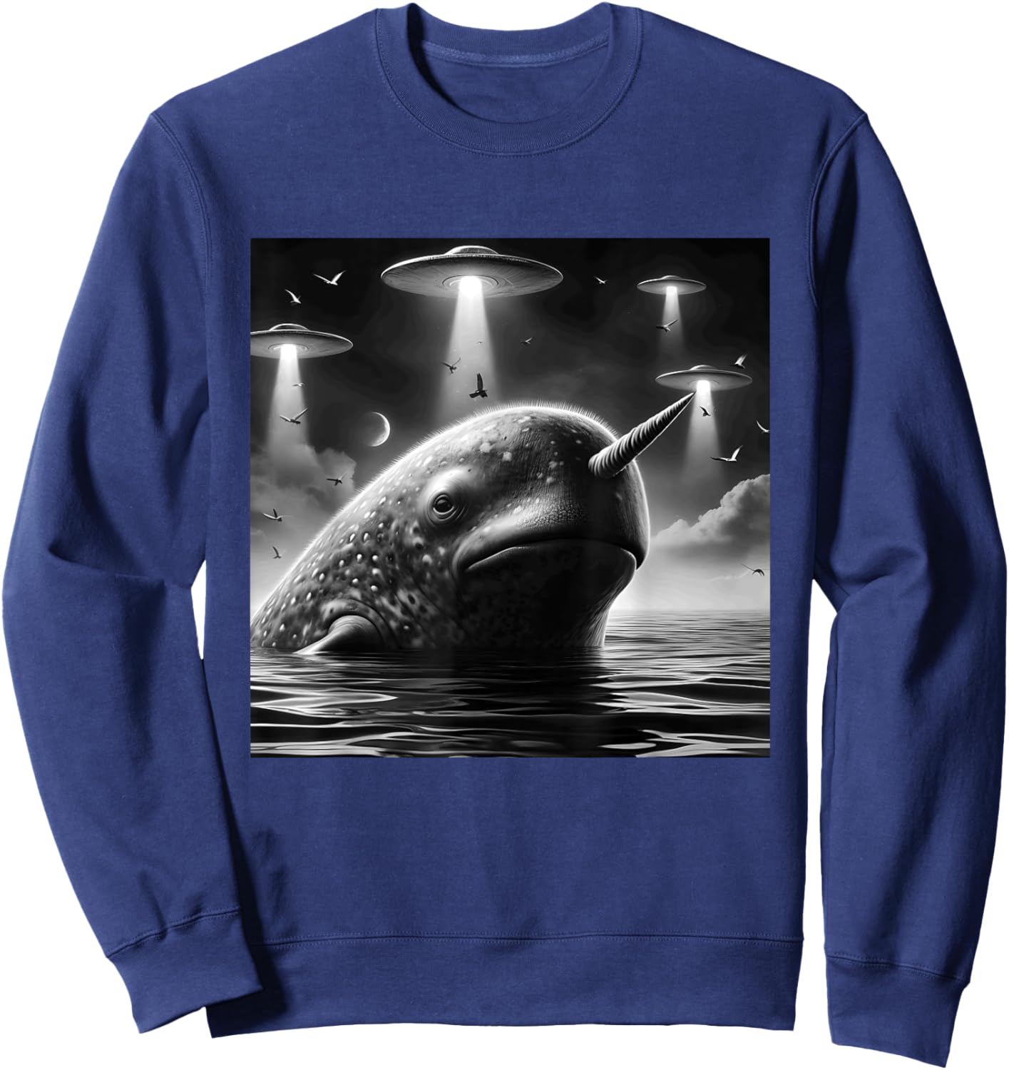 Narwhal Funny Graphic Selfie with UFOs Weird Aliens Sweatshirt - Sweatshirt | Navy