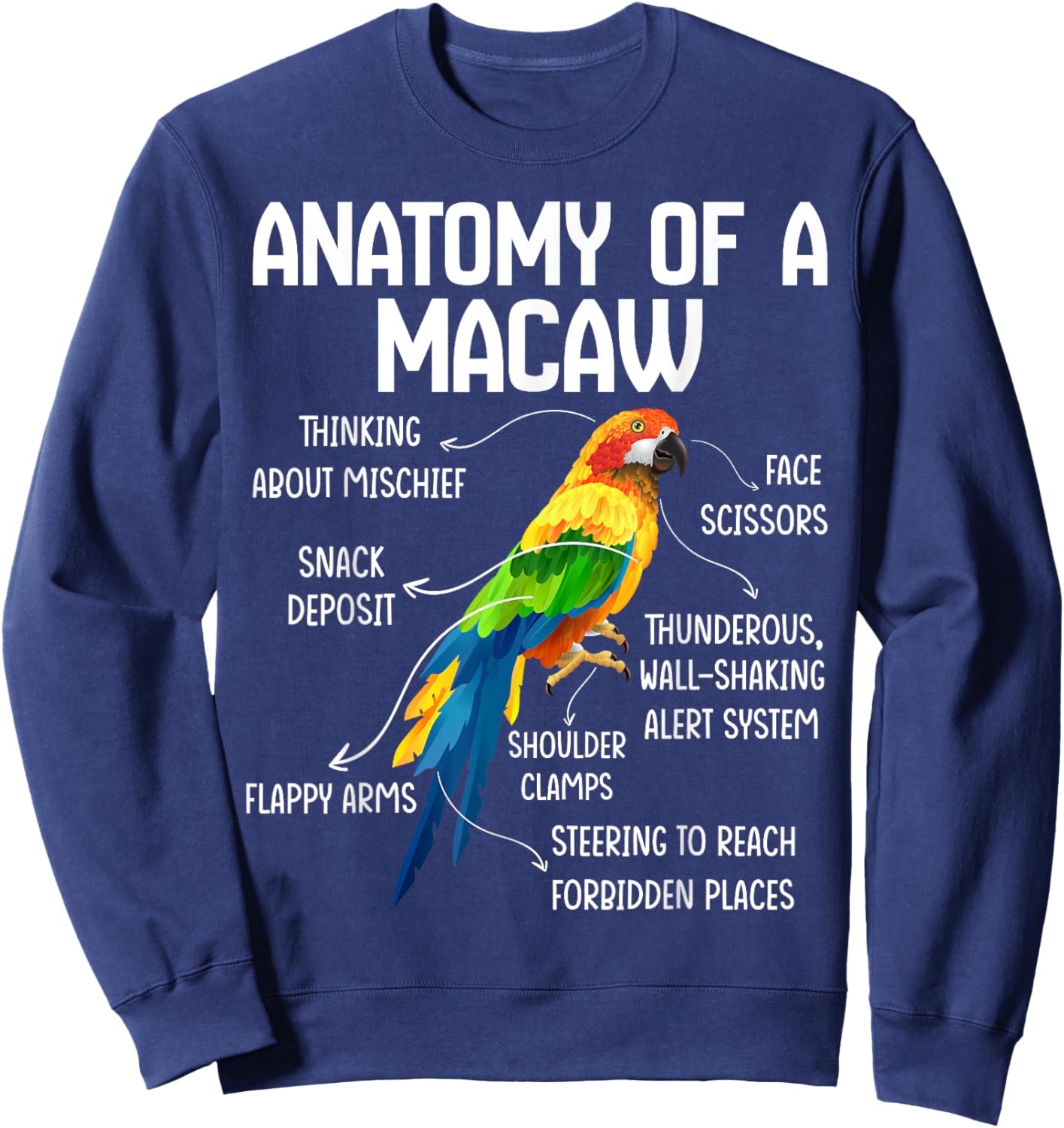 Anatomy of a Macaw Macaw Blue Yellow Hybrid Macaw Bird Sweatshirt - Sweatshirt | Navy