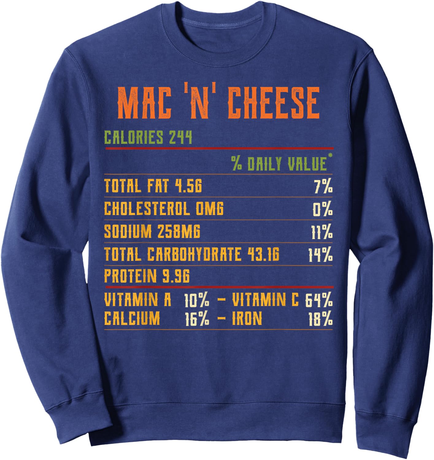 Mac and Cheese Nutrition Facts Thanksgiving 2021 Retro Food Sweatshirt - Sweatshirt | Navy