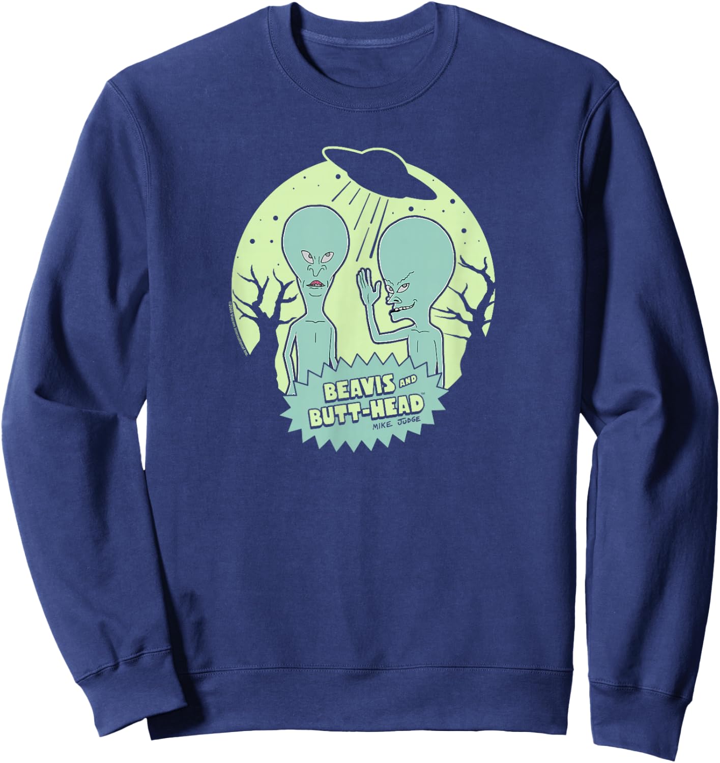 Beavis and Butt-Head Aliens with UFO Retro Funny Cartoon Sweatshirt - Sweatshirt | Navy