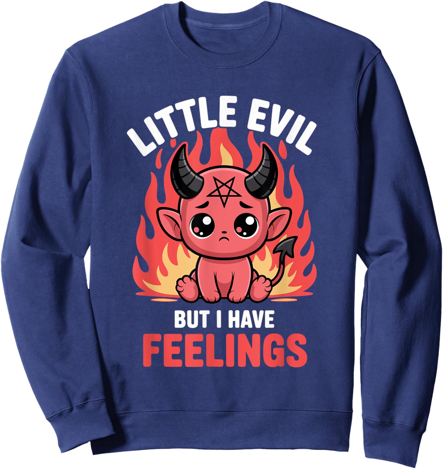 Cute Little Devil with Feelings Kawaii Fire Humor Sweatshirt - Sweatshirt | Navy