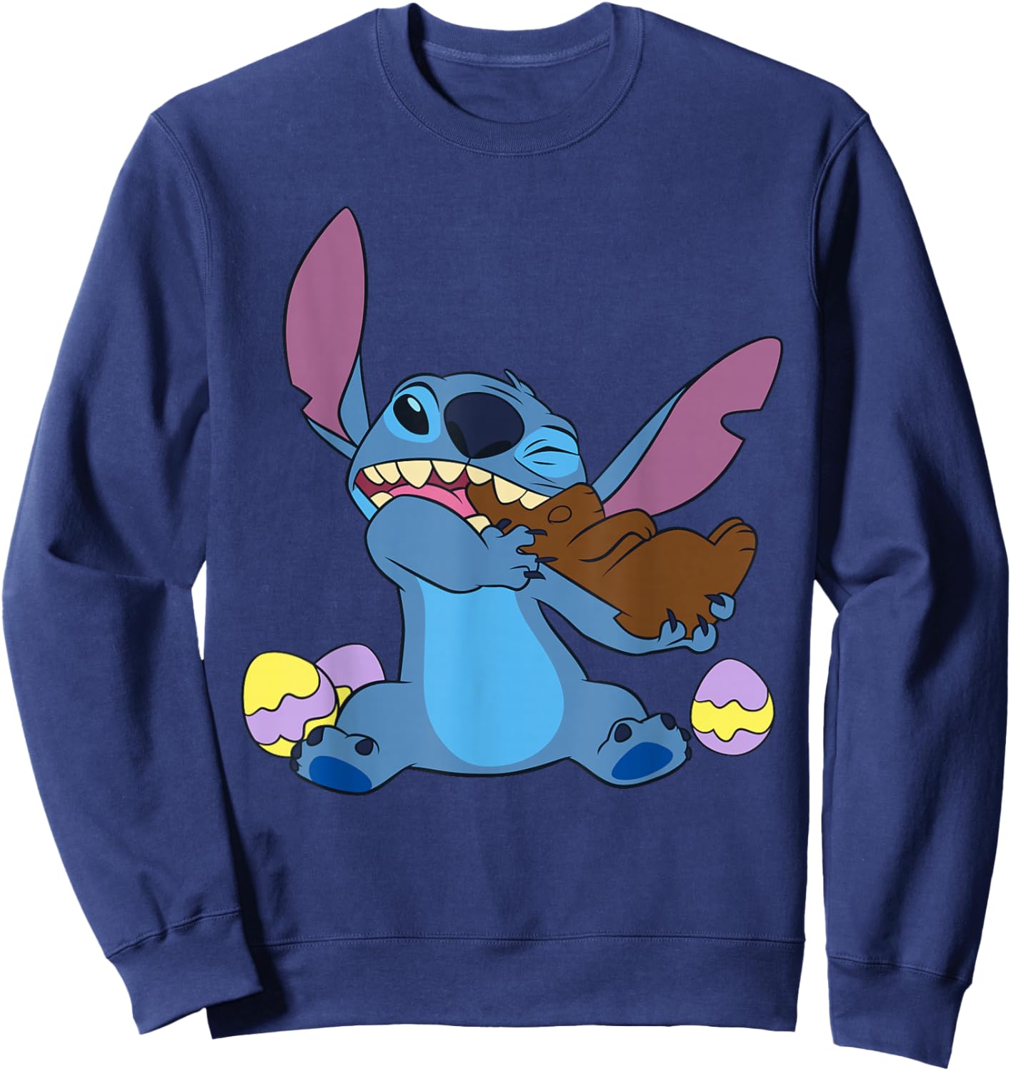 Disney Stitch Eats Chocolate Bunny with Easter Eggs Funny Sweatshirt - Sweatshirt | Navy
