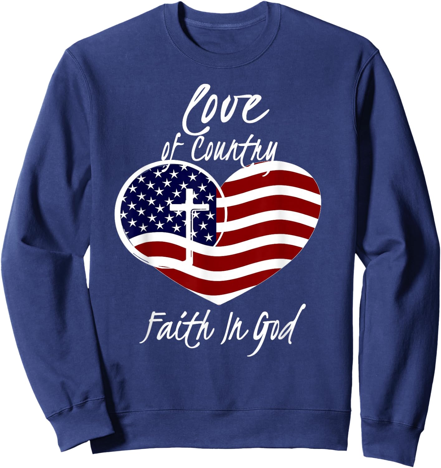 Patriotic Christian Faith in God Heart Cross American Flag Small Sweatshirt - Sweatshirt | Navy