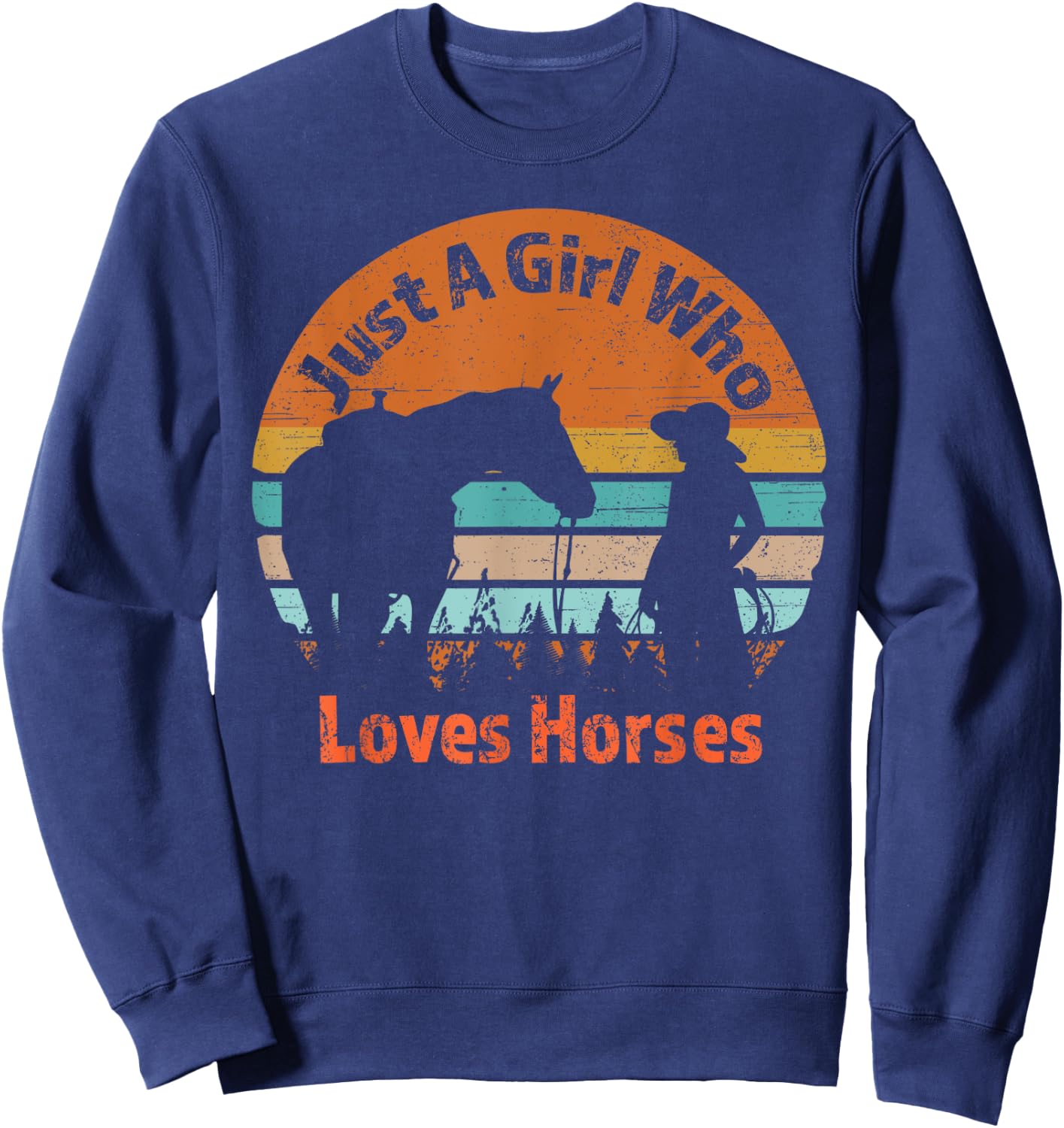 Just A Girl Who Loves Her Horse Retro Sunset Silhouette Gift Sweatshirt - Sweatshirt | Navy
