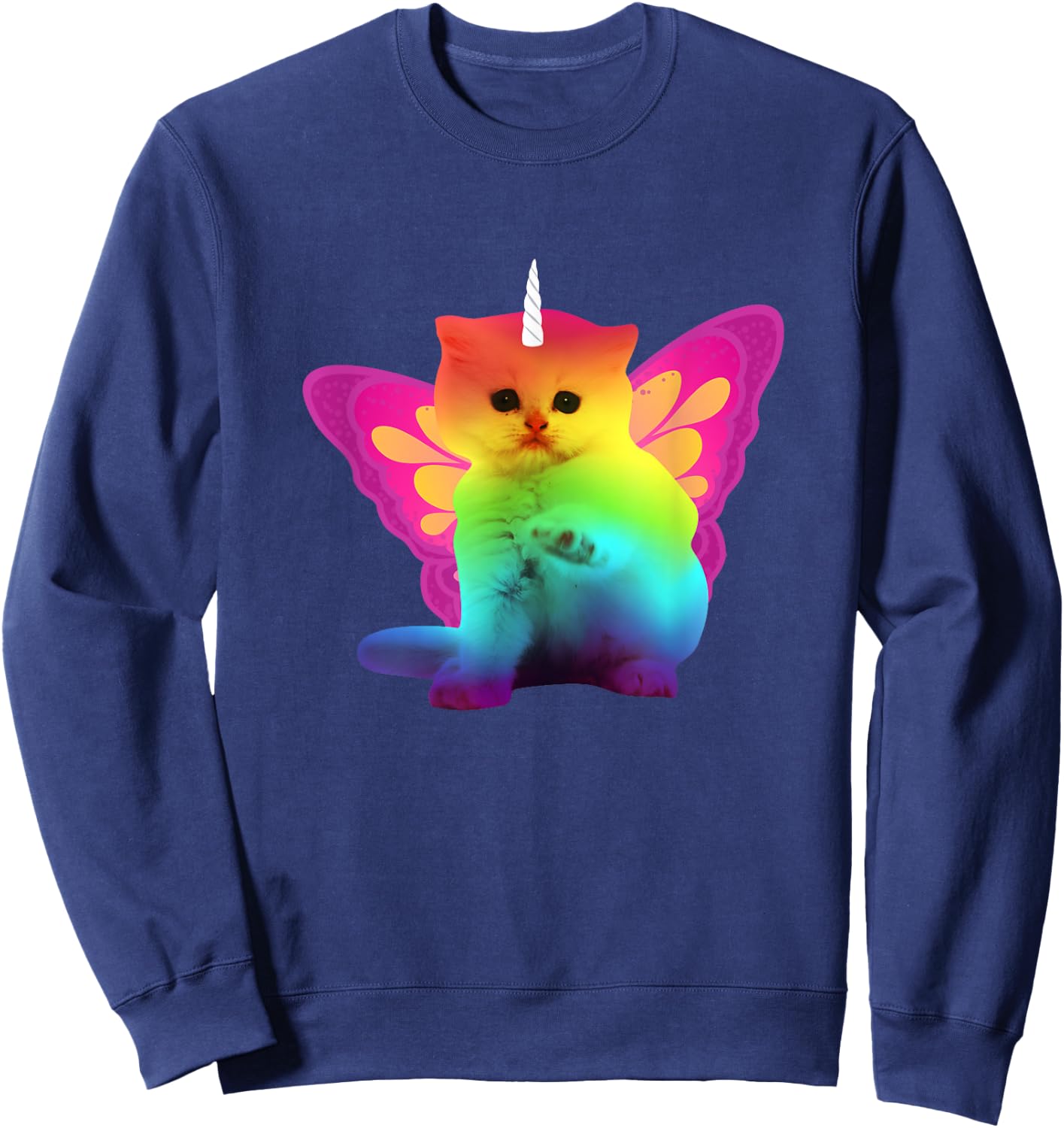 Unicorn Cat With Rainbow Butterfly Wings Men Women Girls Kids Sweatshirt - Sweatshirt | Navy