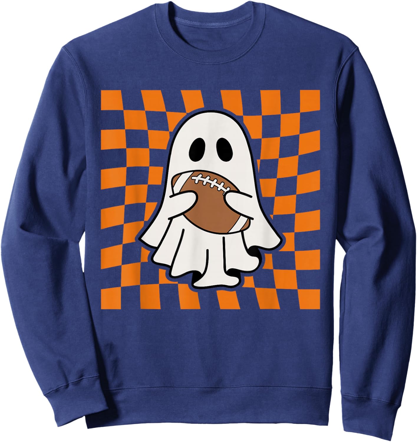 Groovy Halloween Ghost Football Checkered Boo Game Day Sport Sweatshirt - Sweatshirt | Navy