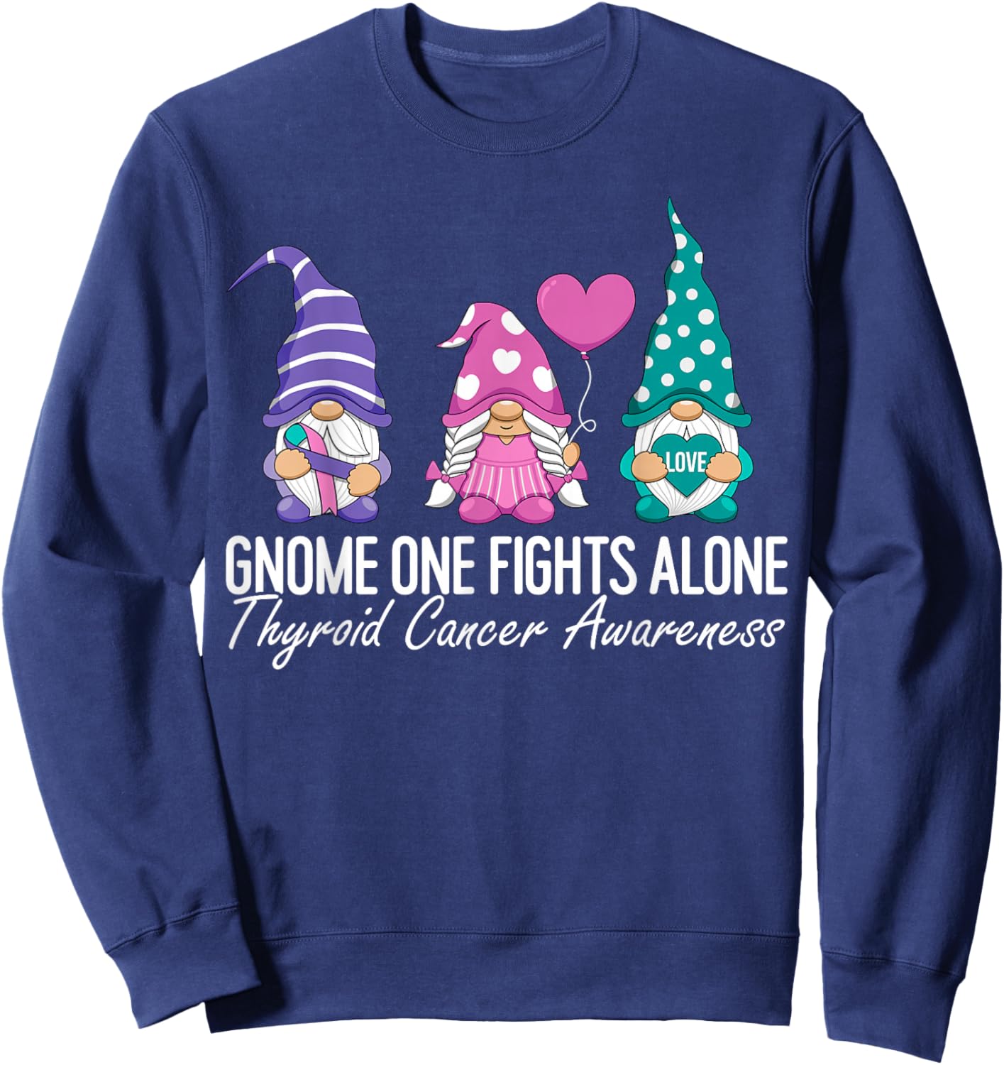 Thyroid Cancer Awareness Ribbon Gnomes Support Squad Family Sweatshirt - Sweatshirt | Navy