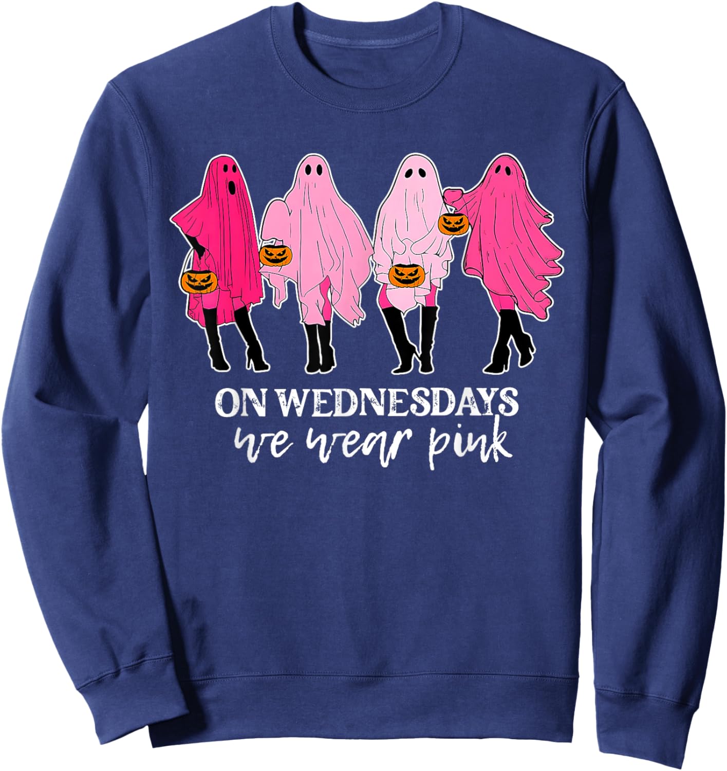 On Wednesday We Were Pink Pumpkin Ghost Boos Breast Cancer Sweatshirt - Sweatshirt | Navy