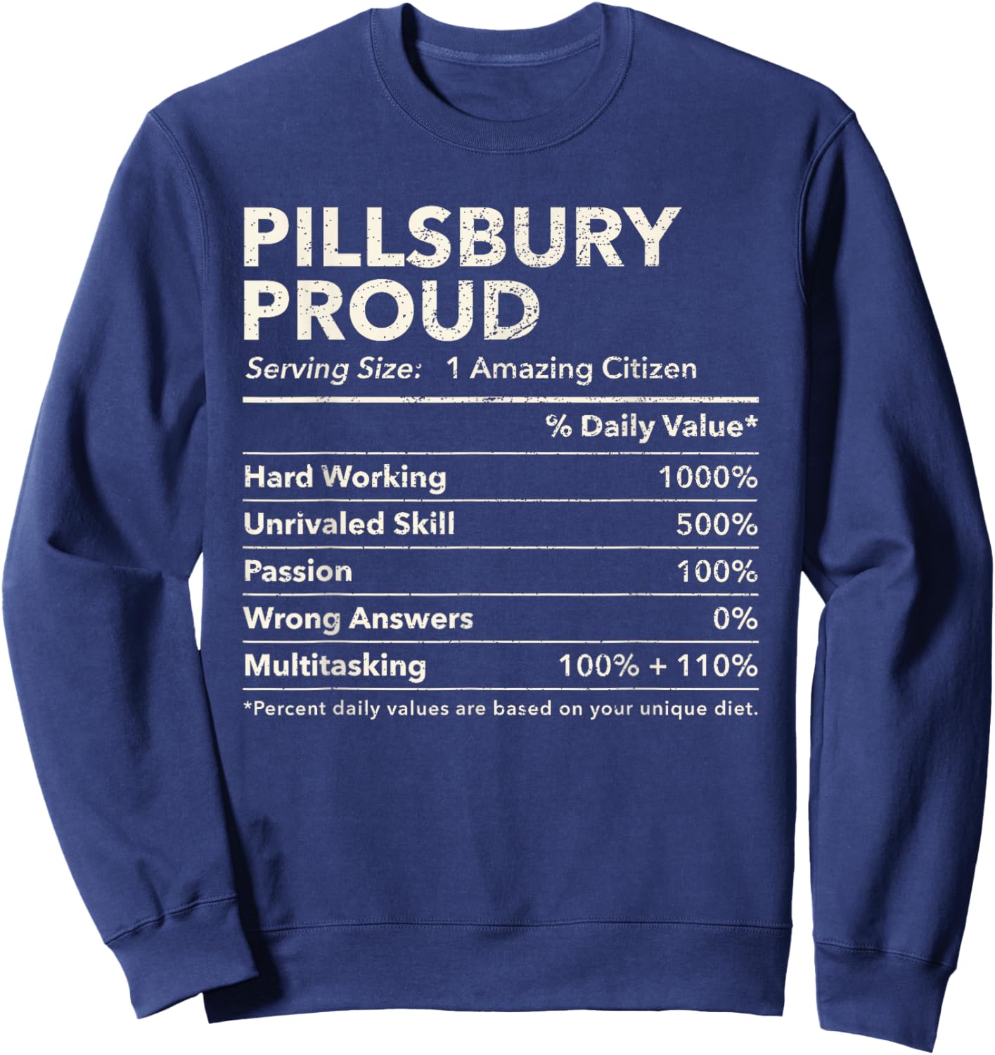 Pillsbury, North Dakota Proud Nutrition Facts Sweatshirt - Sweatshirt | Navy