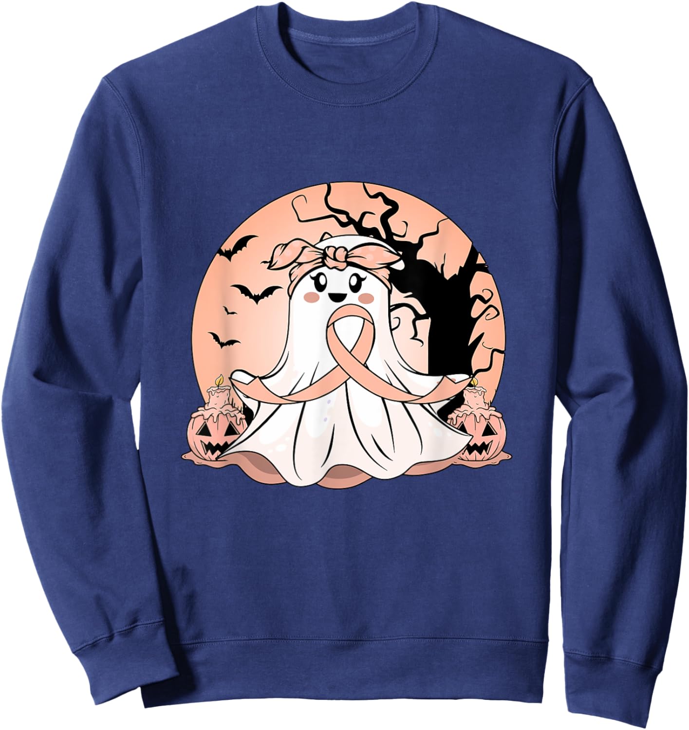 Uterine Cancer Halloween Pumpkin Peach Ribbon Awareness Sweatshirt - Sweatshirt | Navy