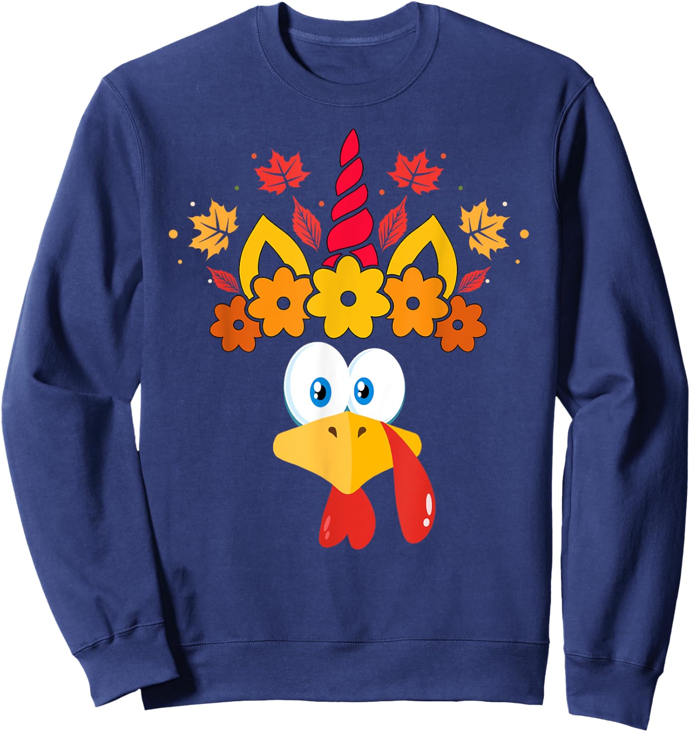 Funny Turkey Unicorn Face Girls Thanksgiving Kids Sweatshirt - Sweatshirt | Navy