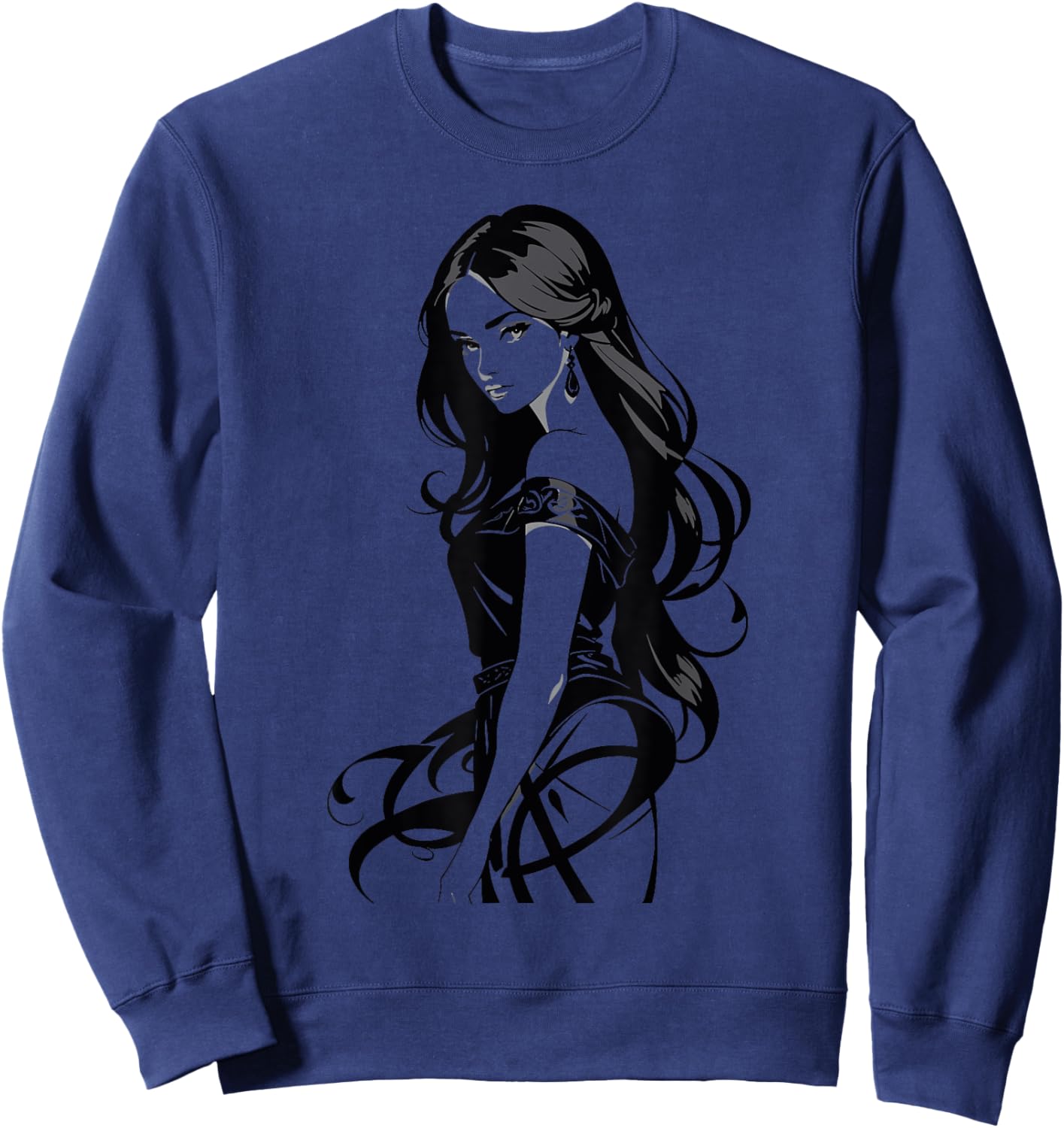 Sexy Waifu Anime Girl Japanese in Black and White Art Sweatshirt - Sweatshirt | Navy