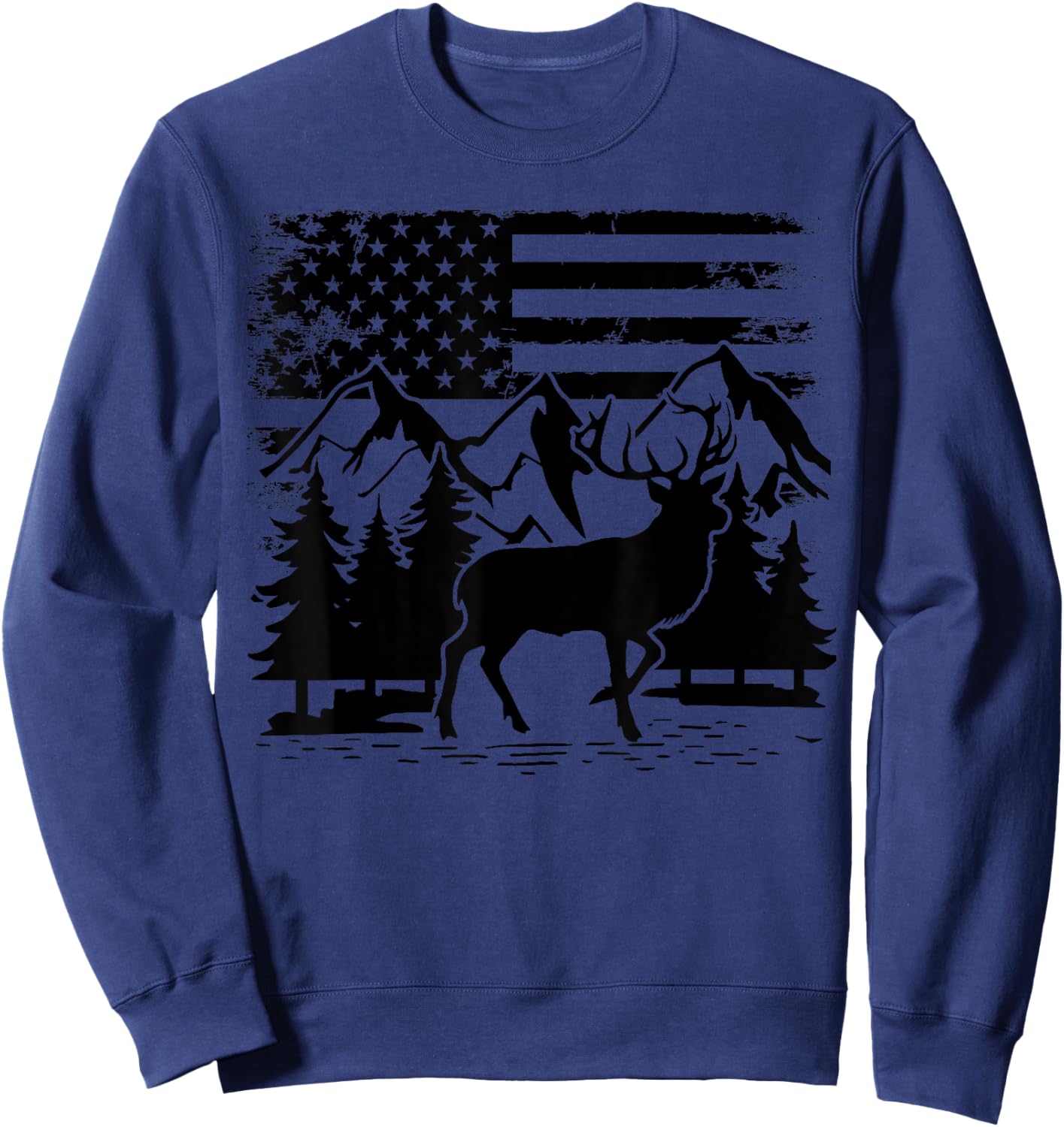 Camo US Flag Deer Elk Buck Camoflage Hunting Hunter Dad Sweatshirt - Sweatshirt | Navy