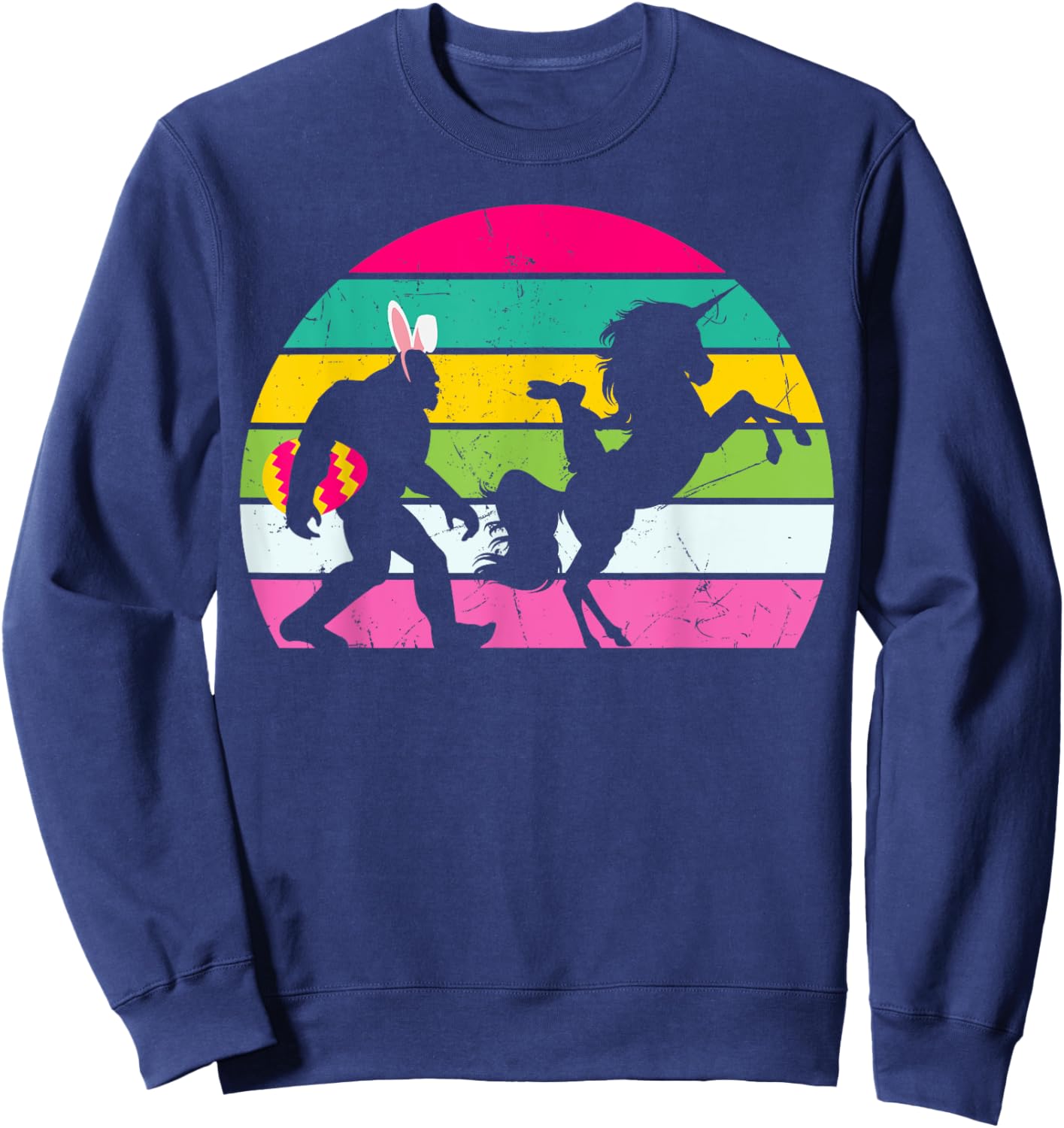 Bigfoot Unicorn Easter Bunny Retro Colorful Sunset Funny Sweatshirt - Sweatshirt | Navy