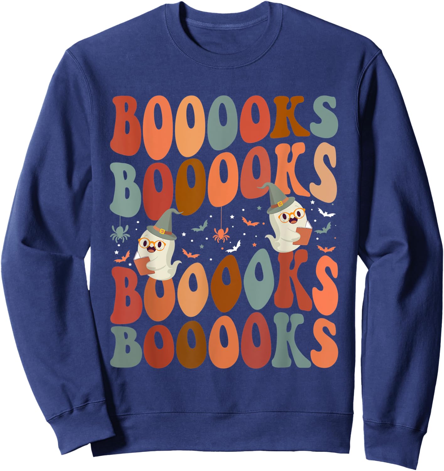 Booooks Ghost Boo Read Books Library Teacher Halloween cute Men Women Kids Sweatshirt - Sweatshirt | Navy