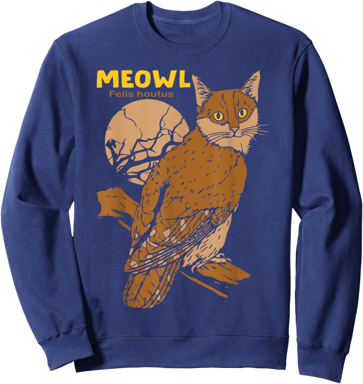 Meowl Cat Owl With Tree And Full Moon Funny Gift Women Sweatshirt - Sweatshirt | Navy