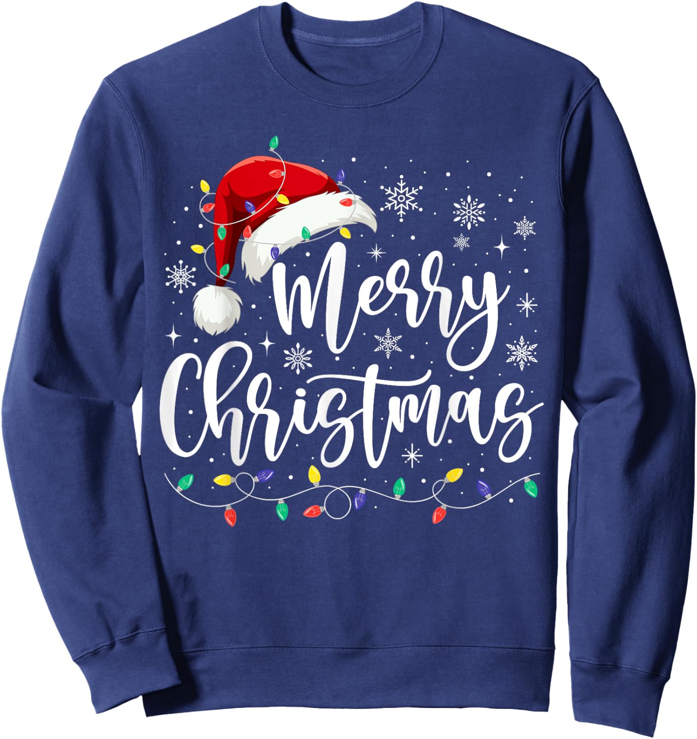 Merry Christmas Lights Red Santa Hat Xmas Family Men Women Sweatshirt - Sweatshirt | Navy