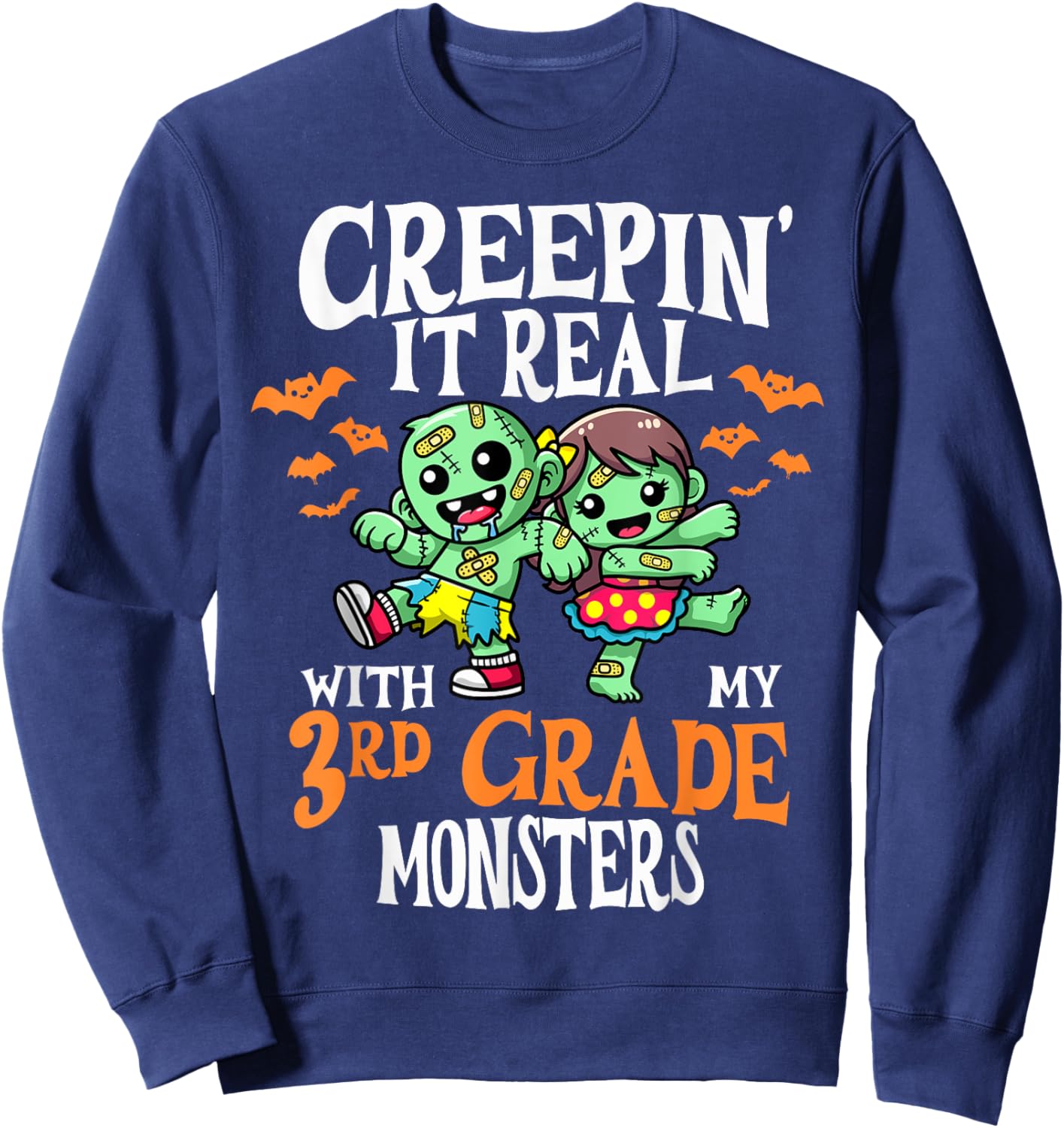 Creepin It Real Monster School 3rd Grade Teacher Halloween Sweatshirt - Sweatshirt | Navy