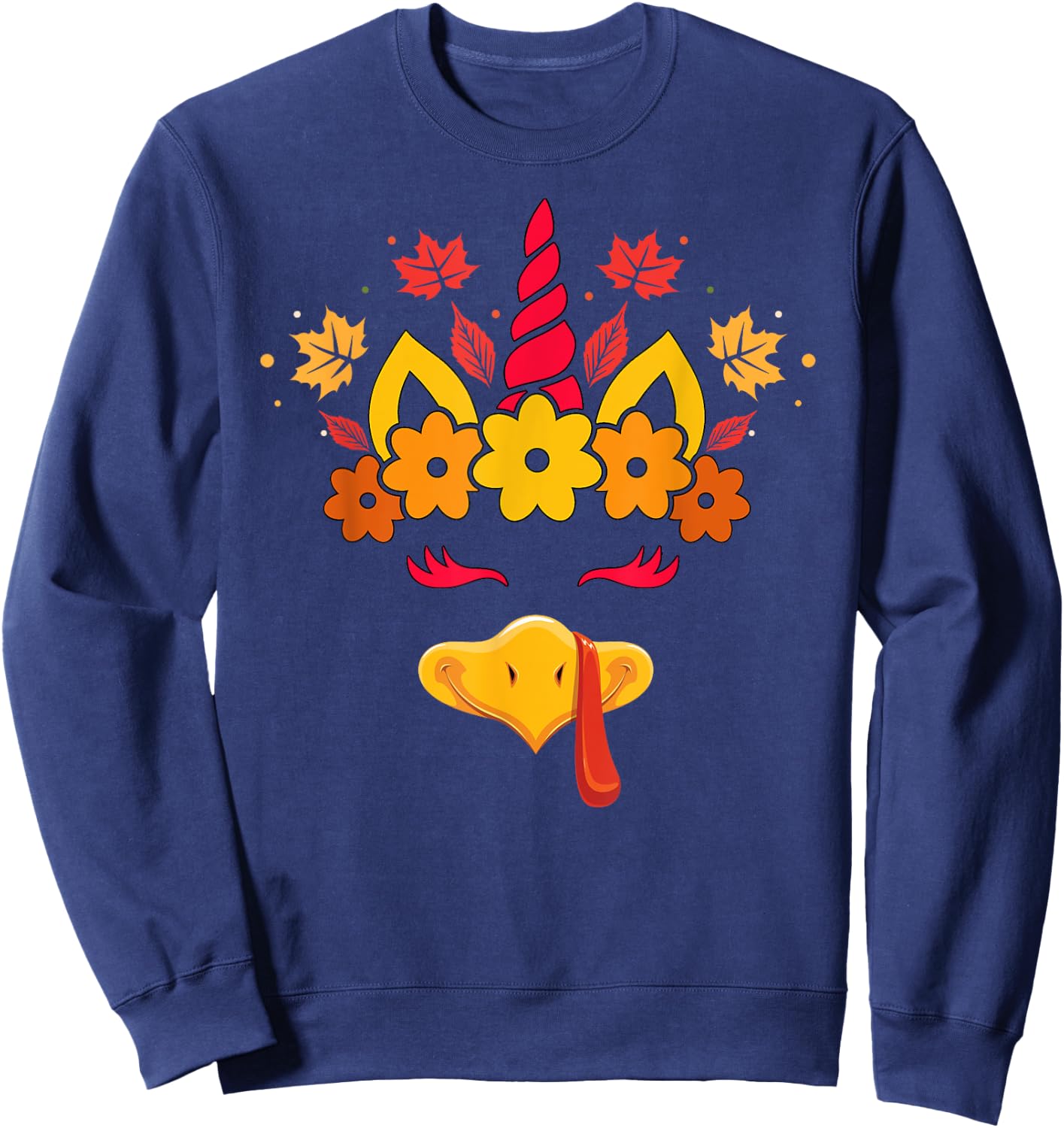 Funny Turkey Unicorn Face Girls Cute Thanksgiving Kids Sweatshirt - Sweatshirt | Navy