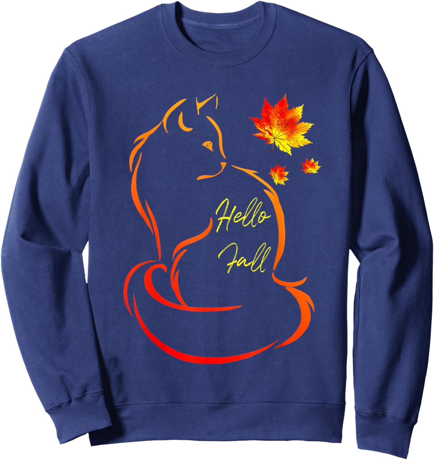 Hello Fall Cat Shirt Cat Autumn Leaves Kitten Lover Women Kids Sweatshirt - Sweatshirt | Navy