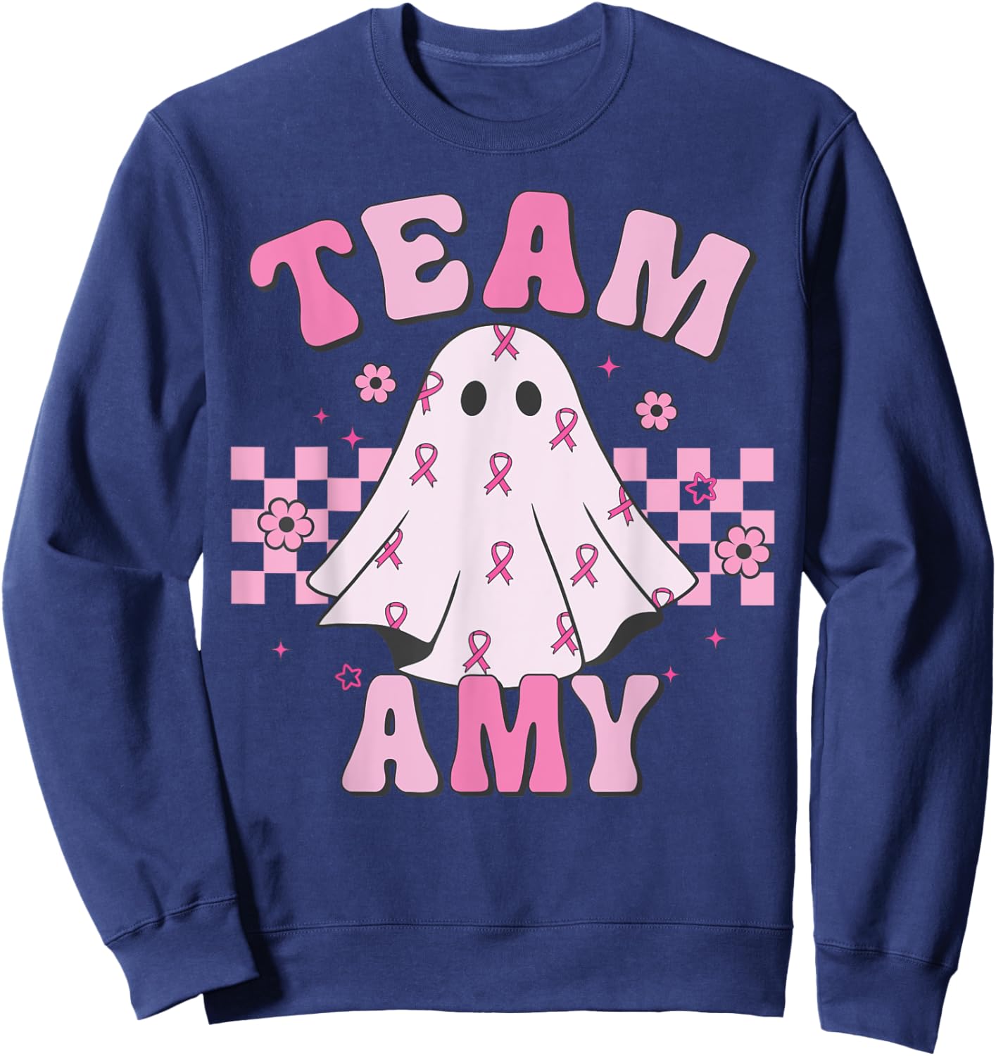Team Amy, Breast Cancer Awareness Halloween Groovy Ghost Sweatshirt - Sweatshirt | Navy