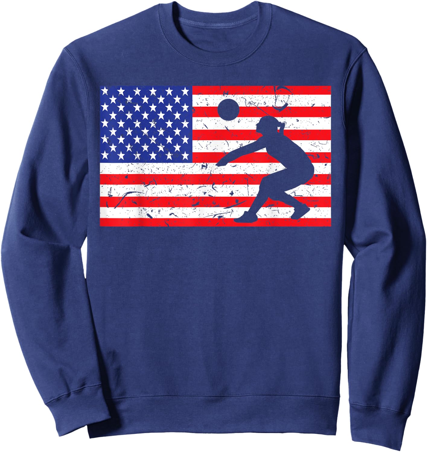 Distressed Volleyball USA American Flag Vintage Mine Player Sweatshirt - Sweatshirt | Navy
