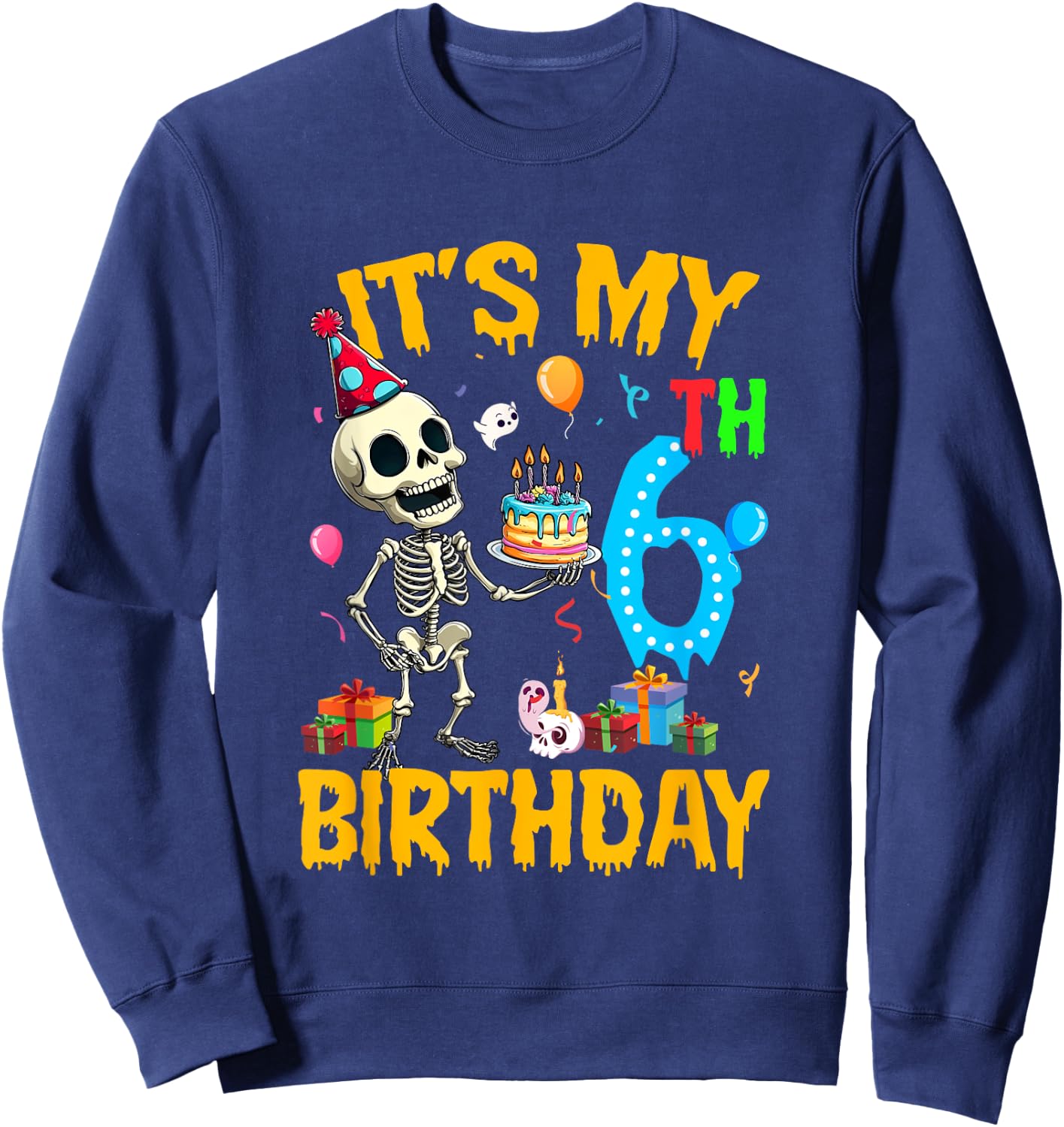 It's My 6Th Birthday Party Halloween Skeleton Birthday Kids Sweatshirt - Sweatshirt | Navy