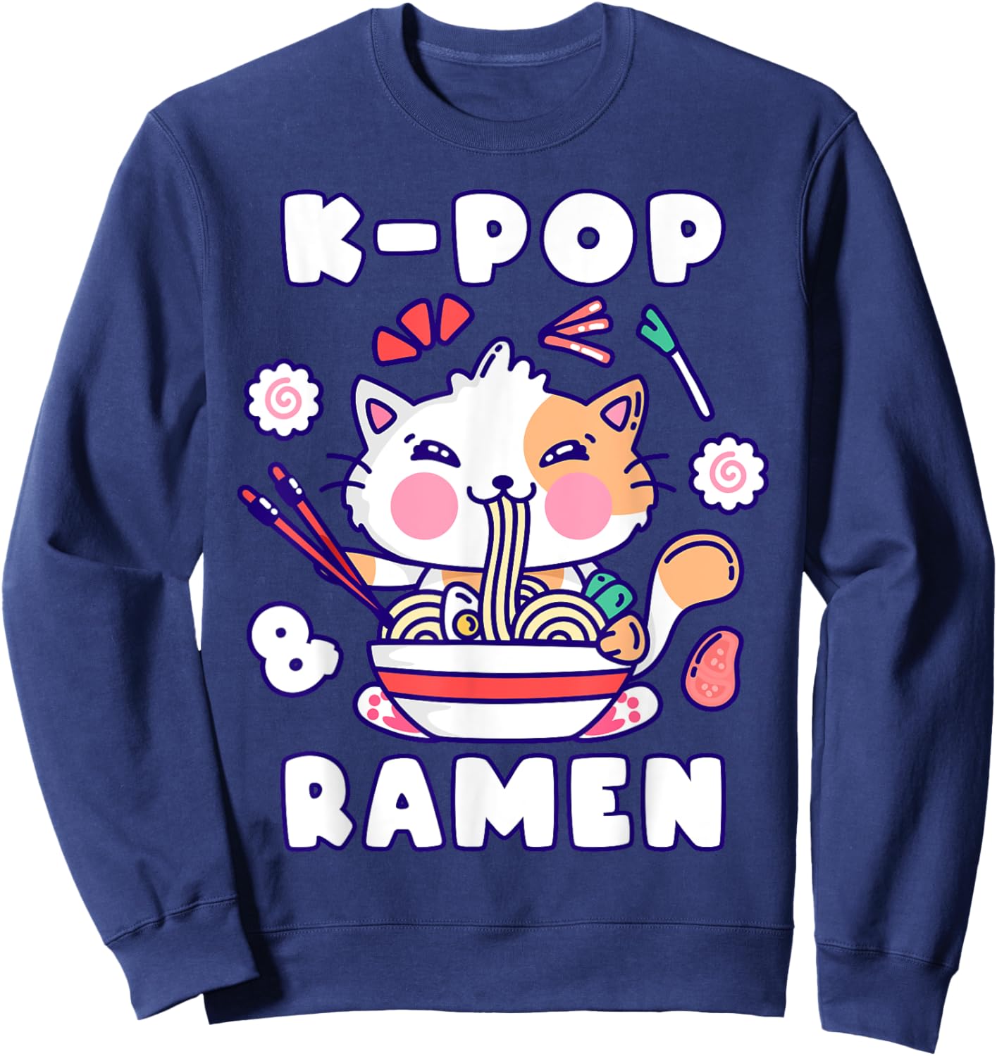Cat, K-Pop & Ramen, Korean Music, Cute Playful Sweatshirt - Sweatshirt | Navy
