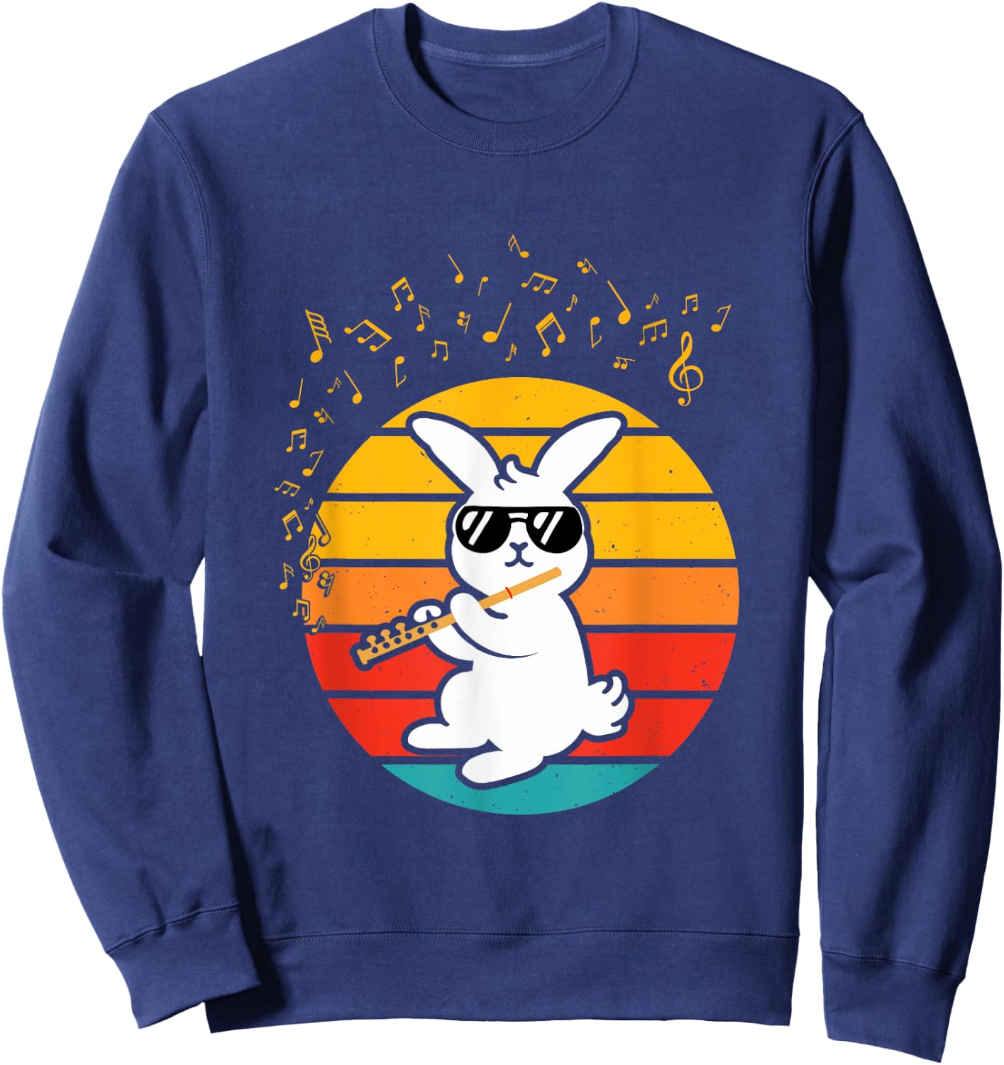 Cool Bunny with Flute - Music Lover Retro Rabbit Flute Sweatshirt - Sweatshirt | Navy