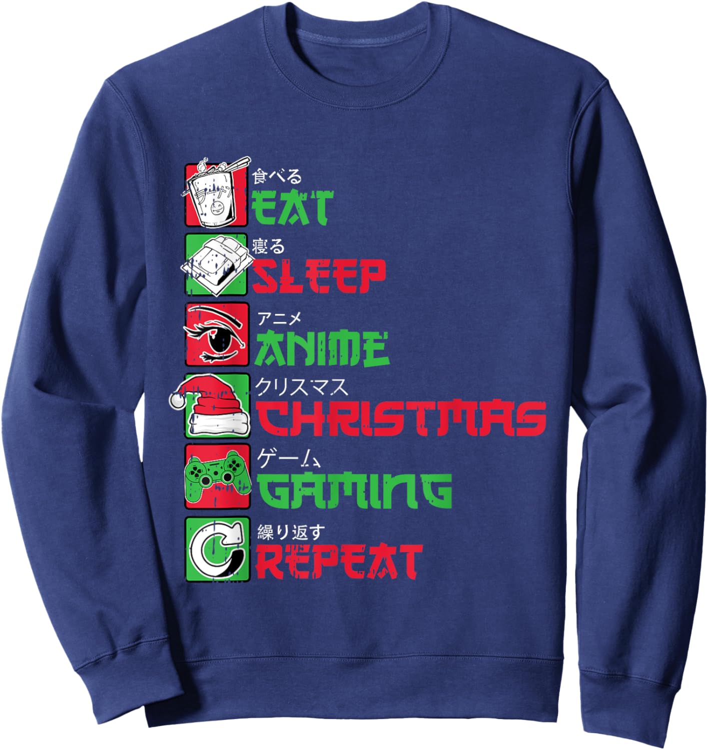 Eat Sleep Anime Gaming Christmas Pajama X-Mas Holiday Gamer Sweatshirt - Sweatshirt | Navy