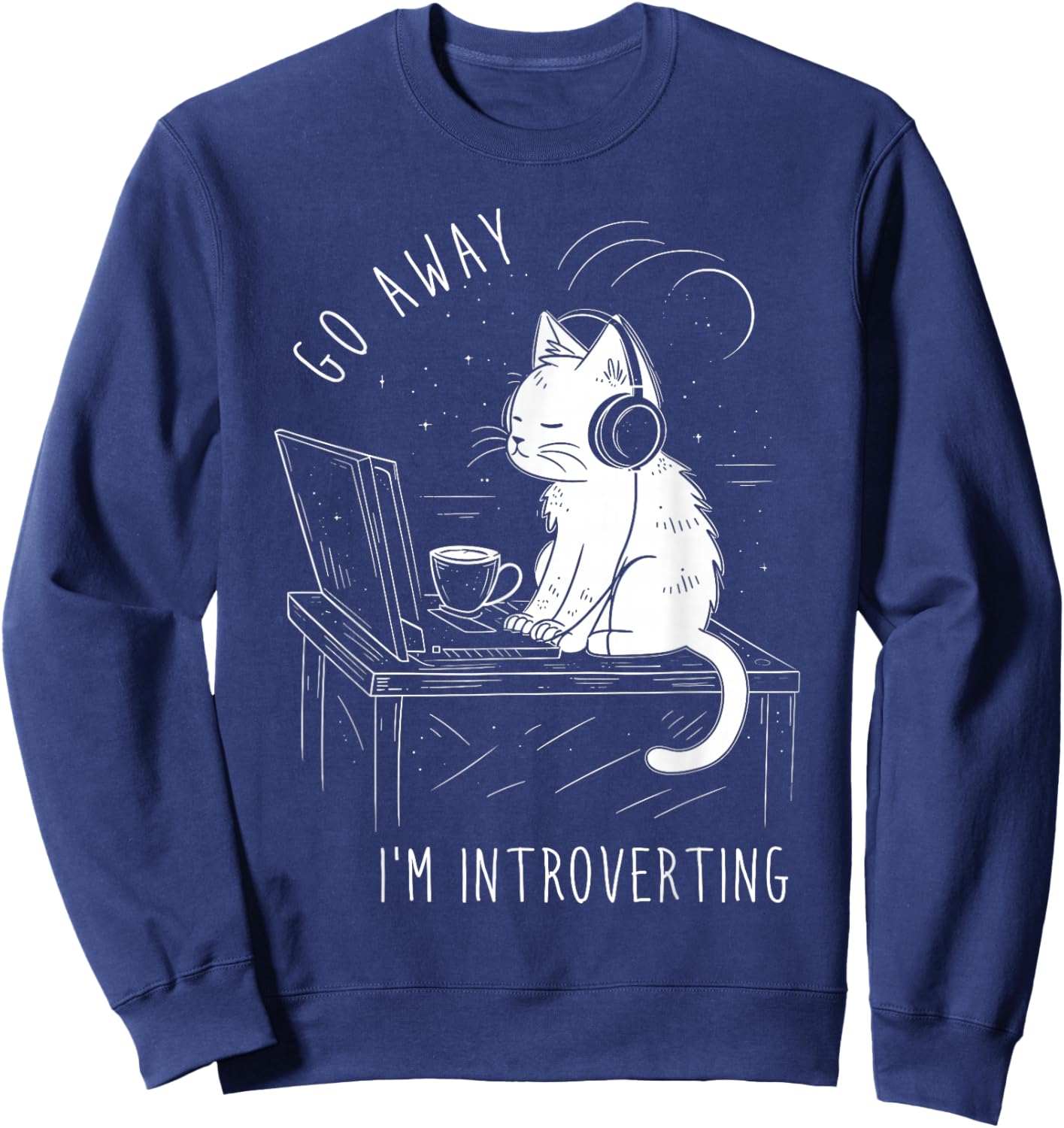 Introvert Cat with Coffee on Computer Antisocial Emo Goth Sweatshirt - Sweatshirt | Navy