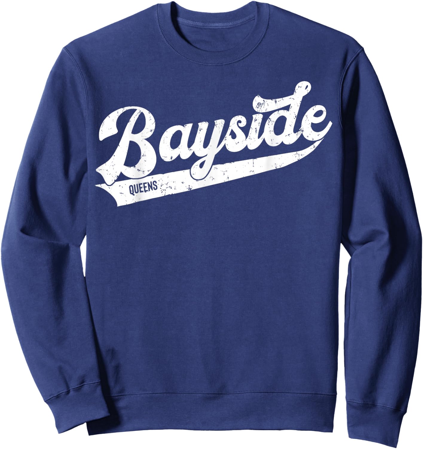 Bayside Queens NYC Typographic Distressed Design Sweatshirt - Sweatshirt | Navy