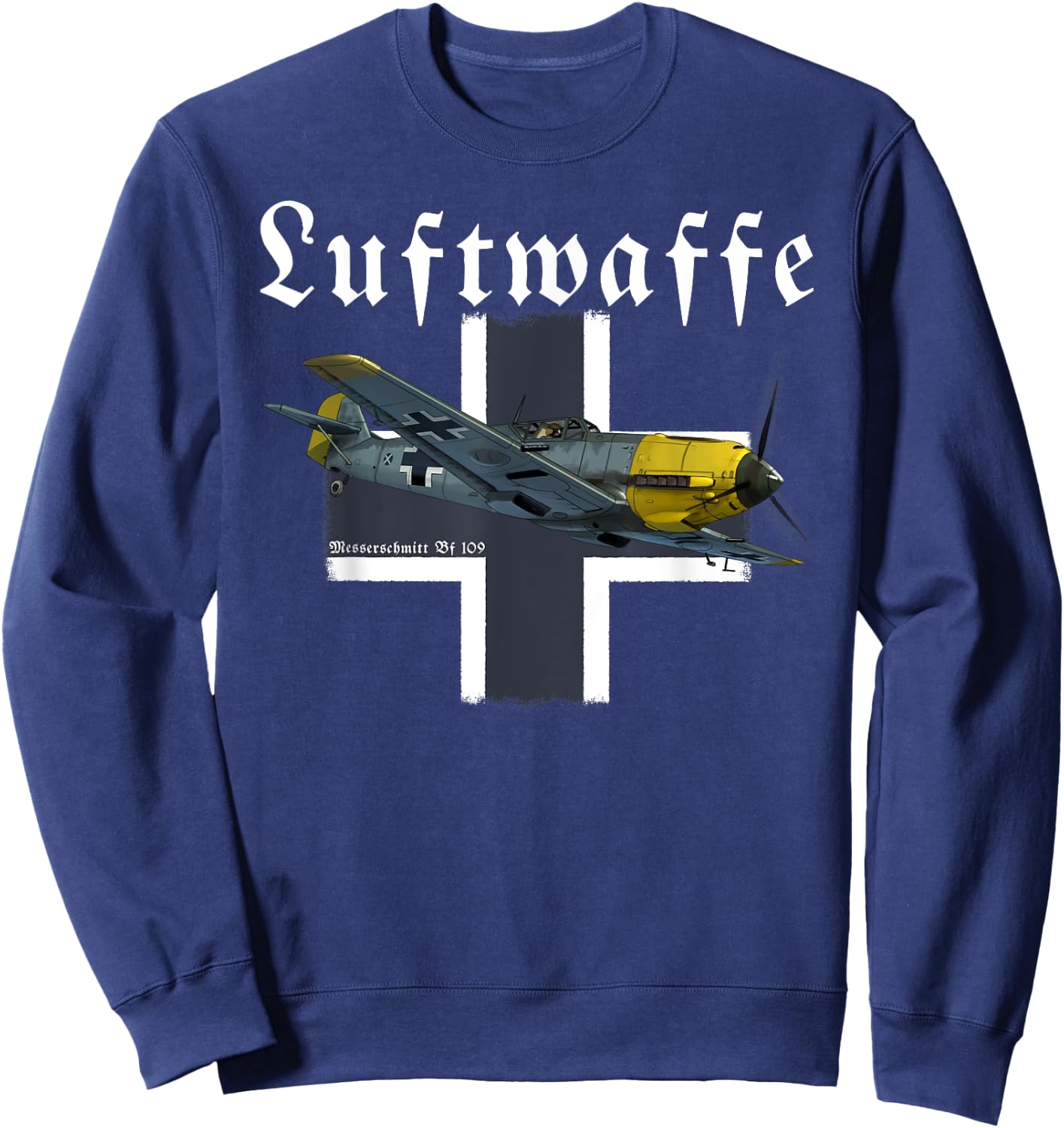 Military Aviation Graphic Design Gifts German Warbird I Messerschmitt BF-109 I WW2 Airplane Graphic Black -Adults Small Classic Fit Short Sleeve Sweatshirt - Sweatshirt | Navy
