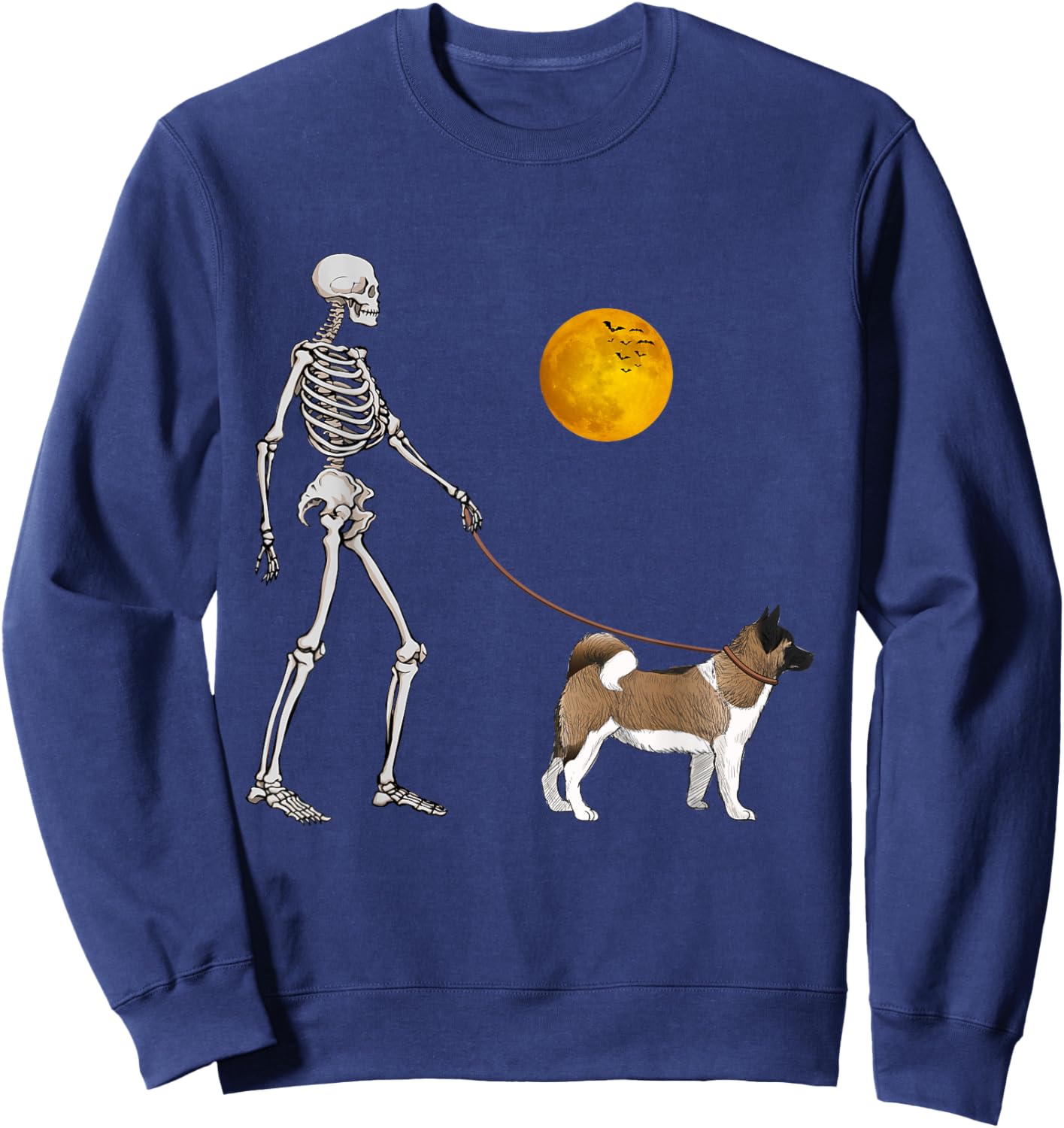 Akita Inu Skeleton Dog Walking Halloween Costume Sweatshirt - Sweatshirt | Navy