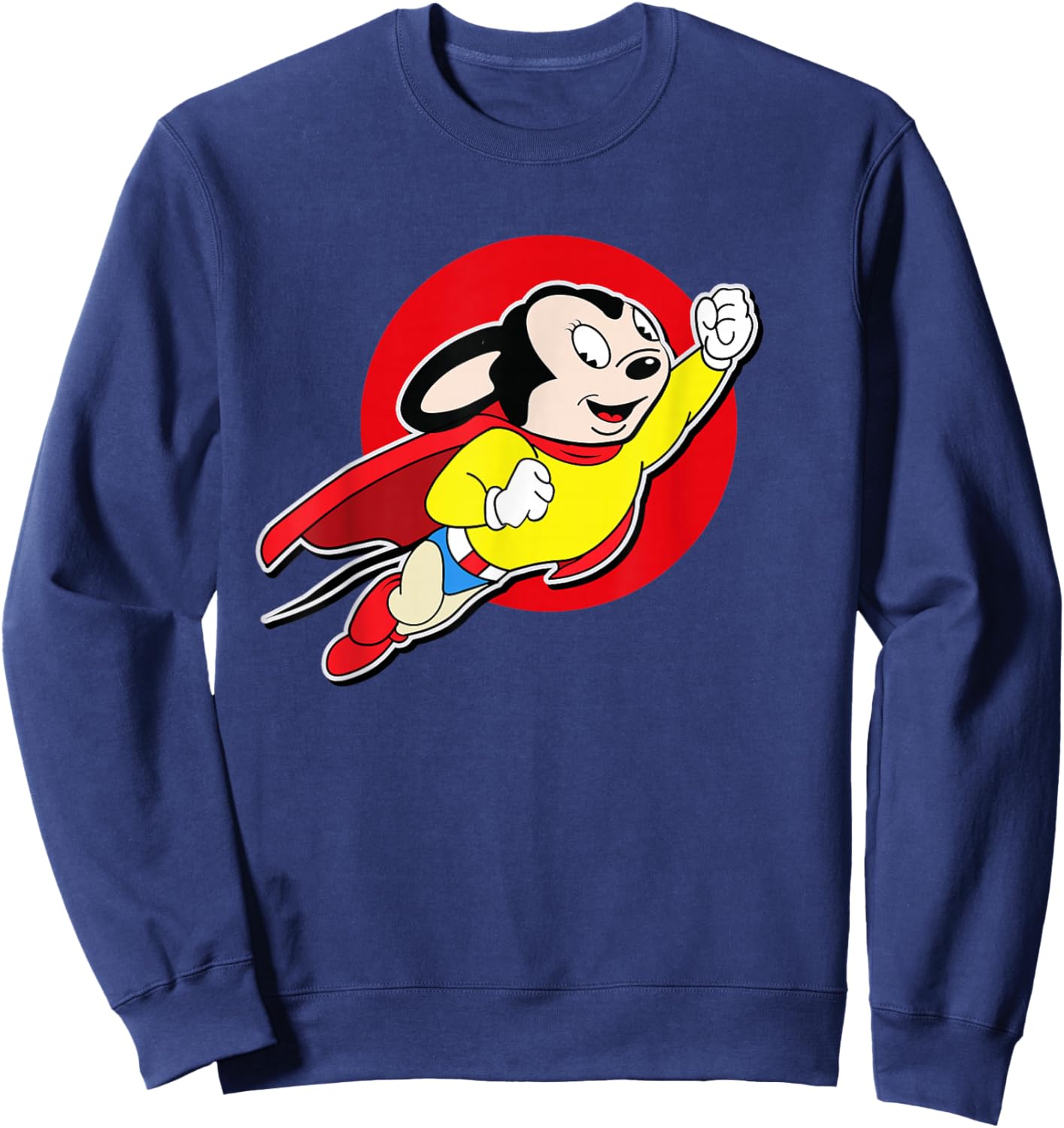 Superhero Cartoon Mouse Rockets Up in Mighty Retro Cartoon Sweatshirt - Sweatshirt | Navy