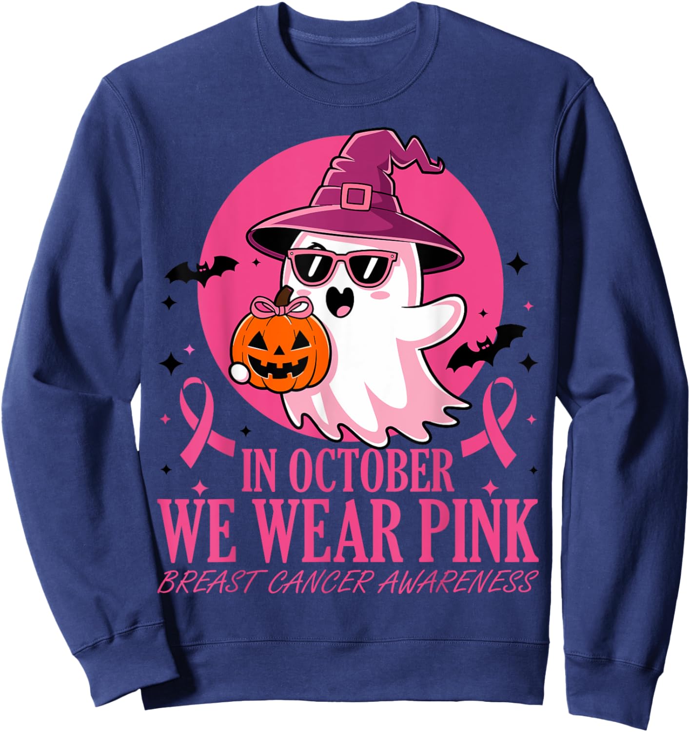 In October We Wear Pink Breast Cancer Awareness Halloween Sweatshirt - Sweatshirt | Navy