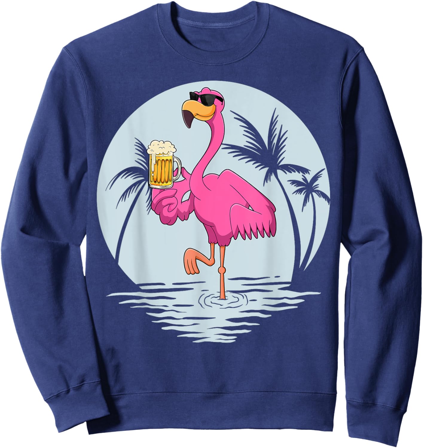 Funny Pink Flamingo Bird With Mug Of Beer Summer Vacation Sweatshirt - Sweatshirt | Navy